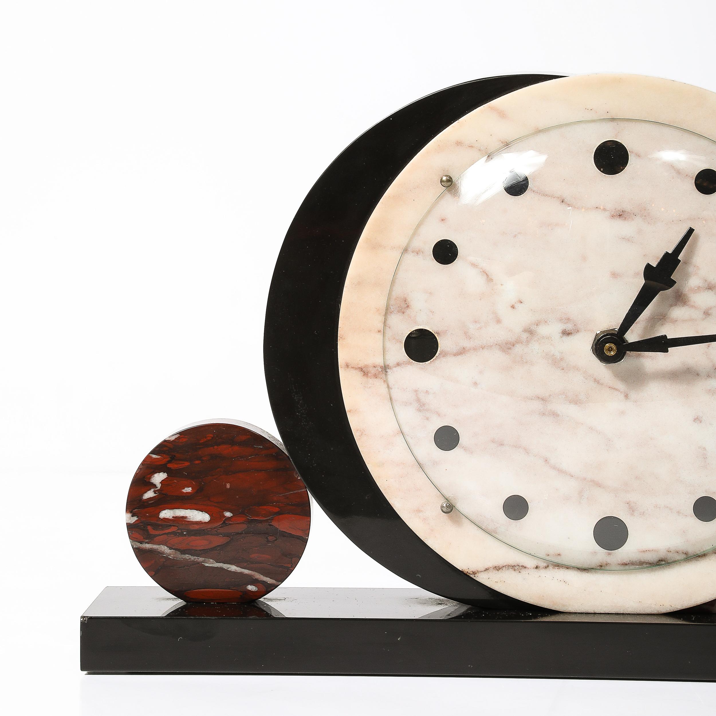 Art Deco Exotic Marble & Onyx Mantelpiece Clock W/ Bronze Sculptural Detail In Excellent Condition In New York, NY