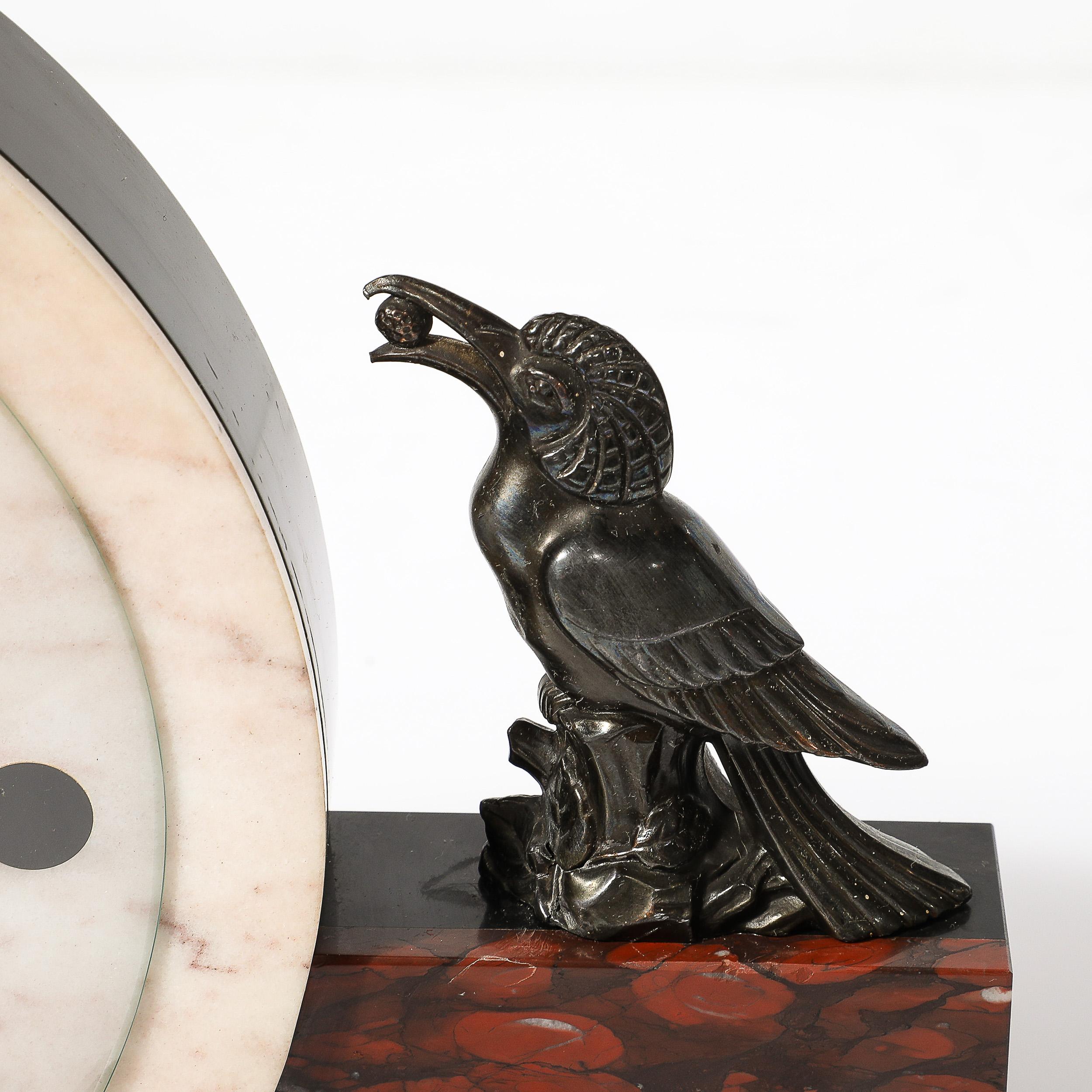 Mid-20th Century Art Deco Exotic Marble & Onyx Mantelpiece Clock W/ Bronze Sculptural Detail