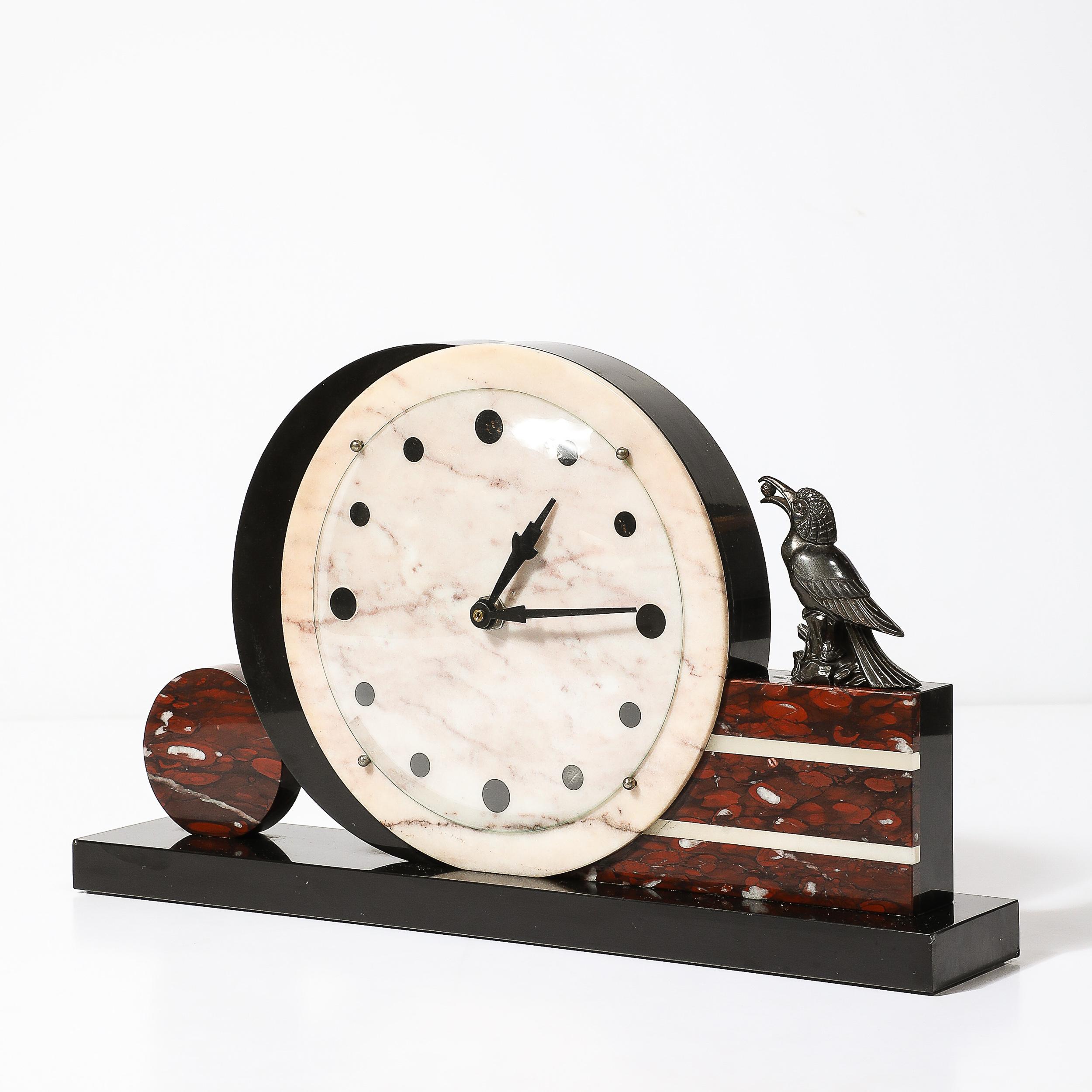 Art Deco Exotic Marble & Onyx Mantelpiece Clock W/ Bronze Sculptural Detail 1