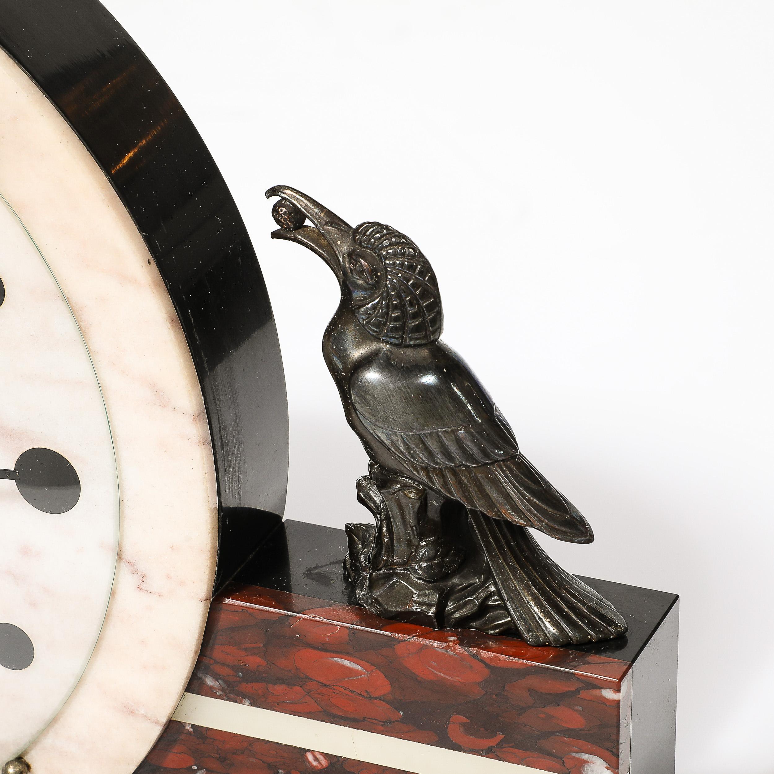Art Deco Exotic Marble & Onyx Mantelpiece Clock W/ Bronze Sculptural Detail 2
