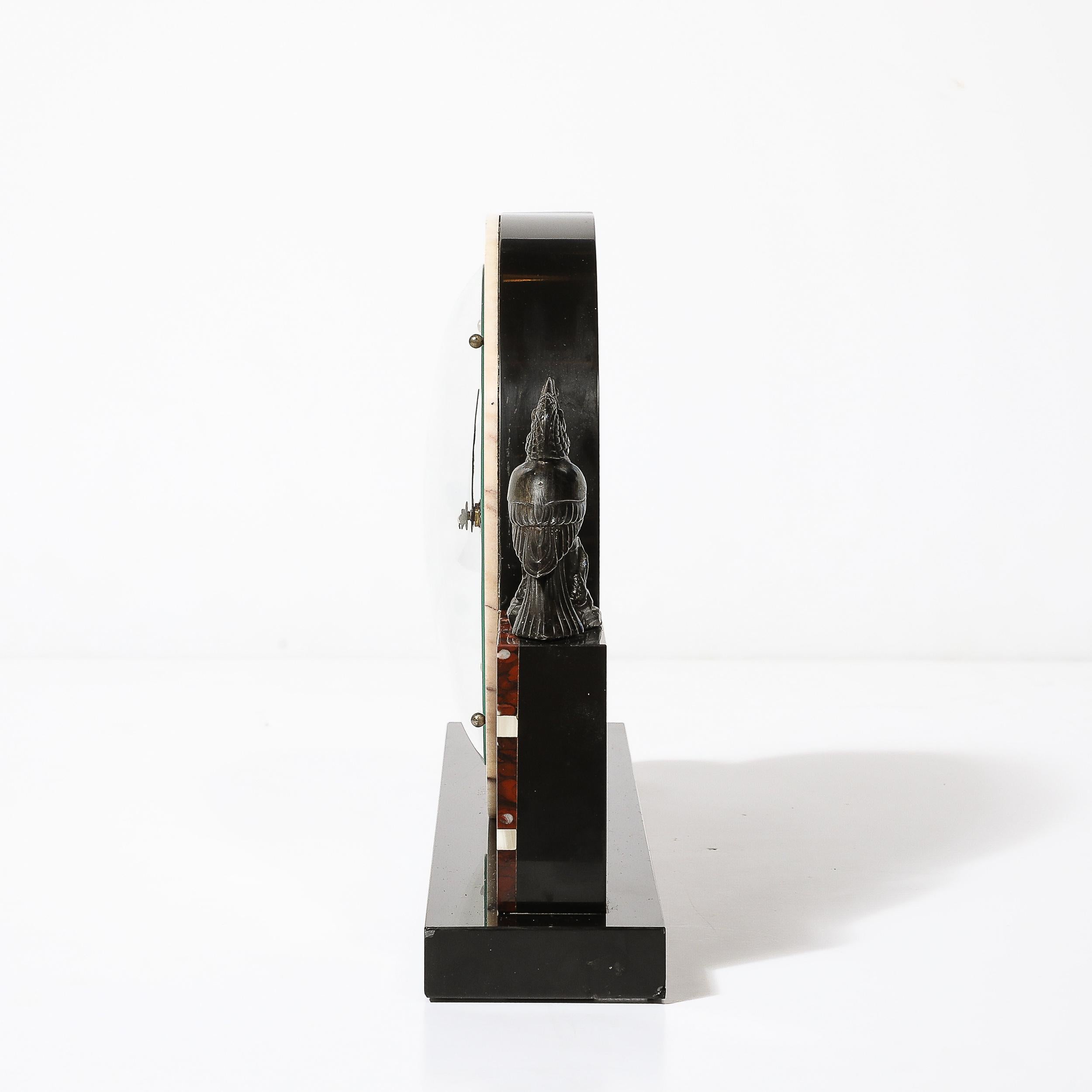 Art Deco Exotic Marble & Onyx Mantelpiece Clock W/ Bronze Sculptural Detail 3