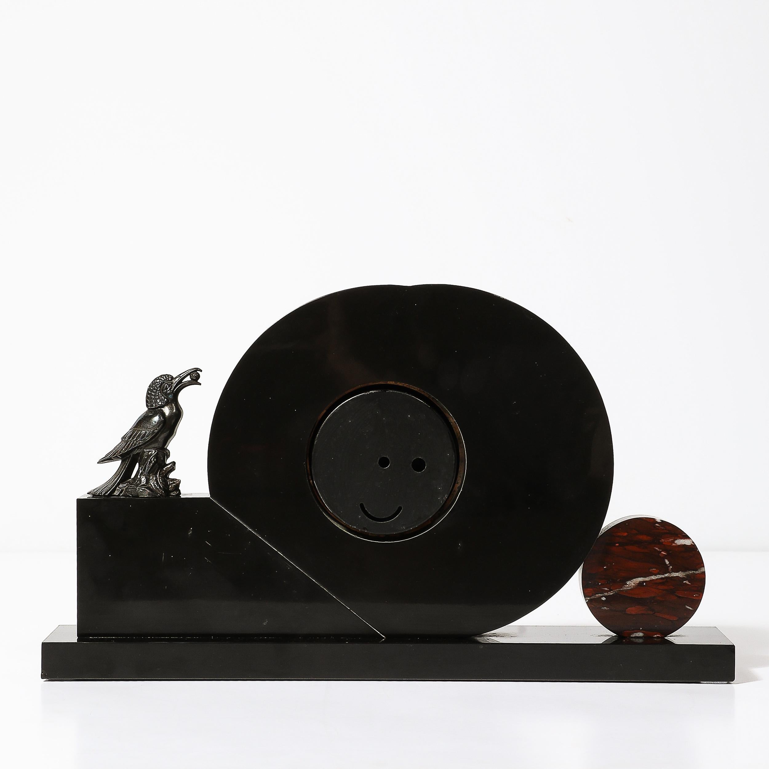 Art Deco Exotic Marble & Onyx Mantelpiece Clock W/ Bronze Sculptural Detail 4