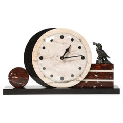 Art Deco Exotic Marble & Onyx Mantelpiece Clock W/ Bronze Sculptural Detail