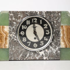 Art Deco Exotic Marble & Onyx Mantlepiece Clock w/ Stylized Arabic Numeral Dial