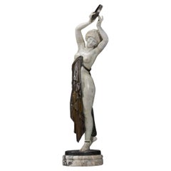 Art Deco Exotic Tambourine Dancer Marble and Bronze Semi-Nude Statue