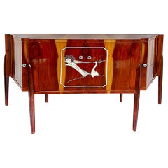 Art Deco Exotic Wood Gio Ponti Style Cabinet Credenza With Painted Details