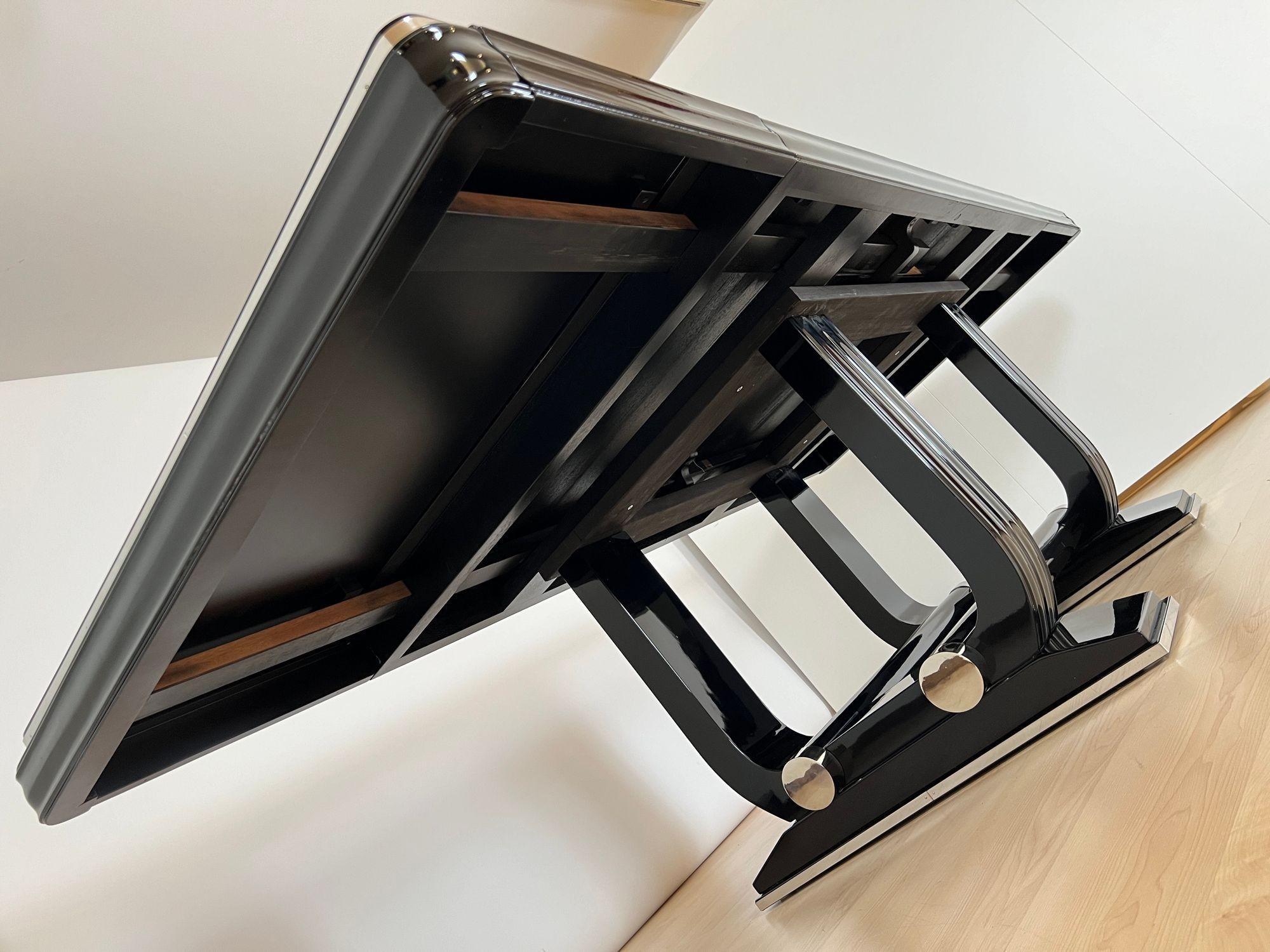 Art Deco Expandable Dining Table, Black Lacquer and Chrome, France circa 1930 For Sale 13