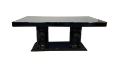 Art Deco Expandable Table, Black Lacquer, Metal Trims, France circa 1930