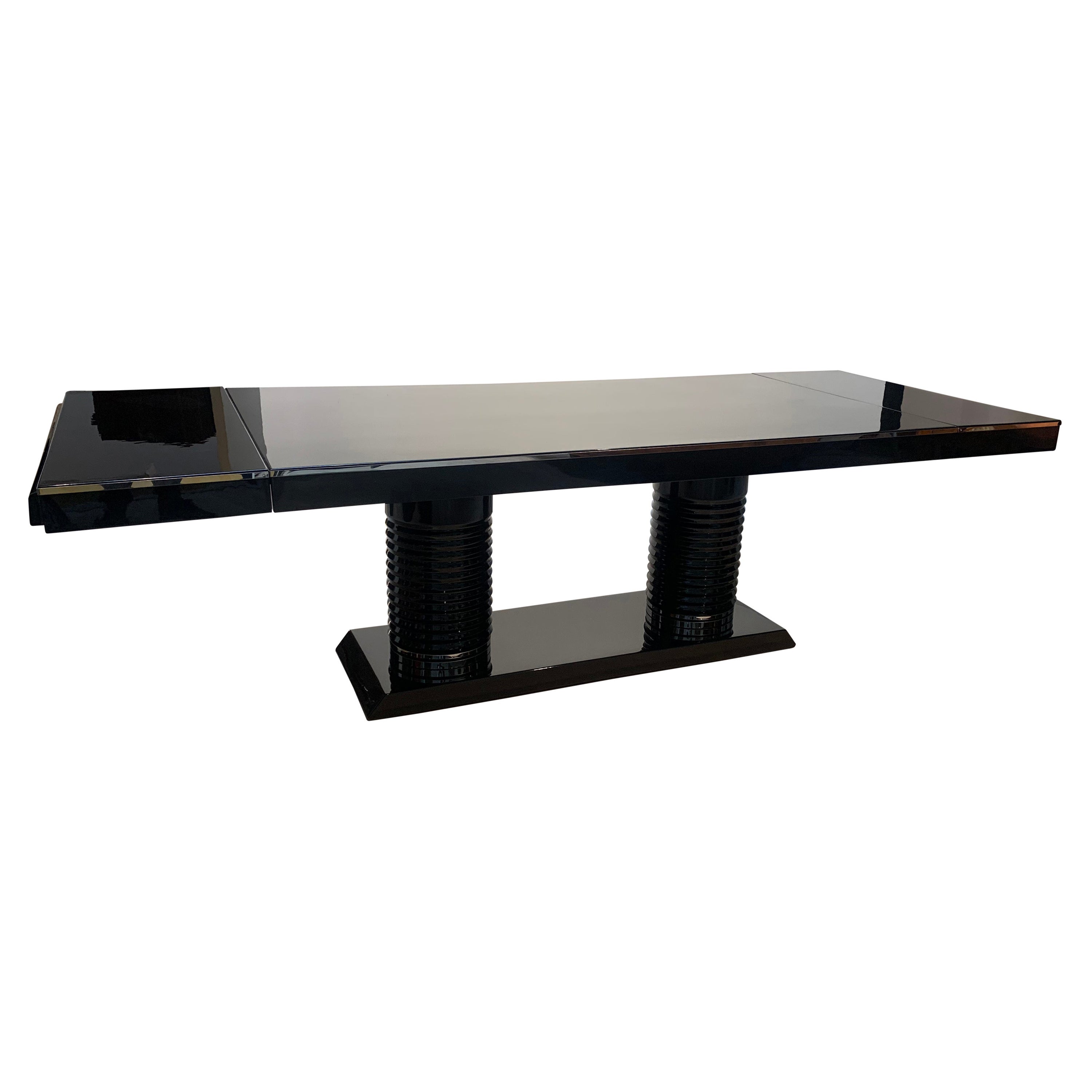 Art Deco Expandable Table, Black Lacquer, Metal Trims, France circa 1930
