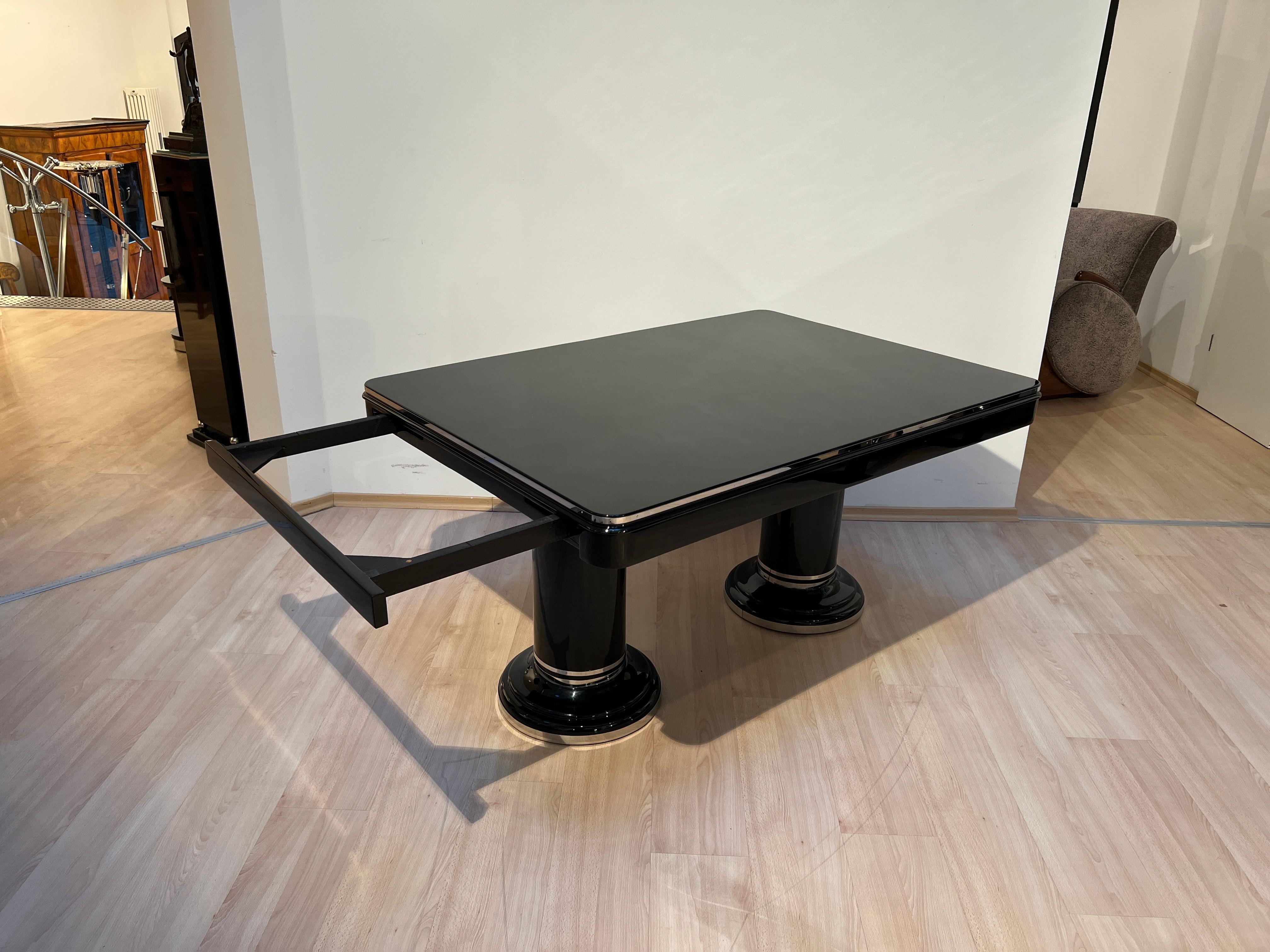 Art Deco Expandable Table, Black Lacquer, Stainless Steel, France circa 1930 12