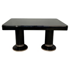 Art Deco Expandable Table, Black Lacquer, Stainless Steel, France circa 1930