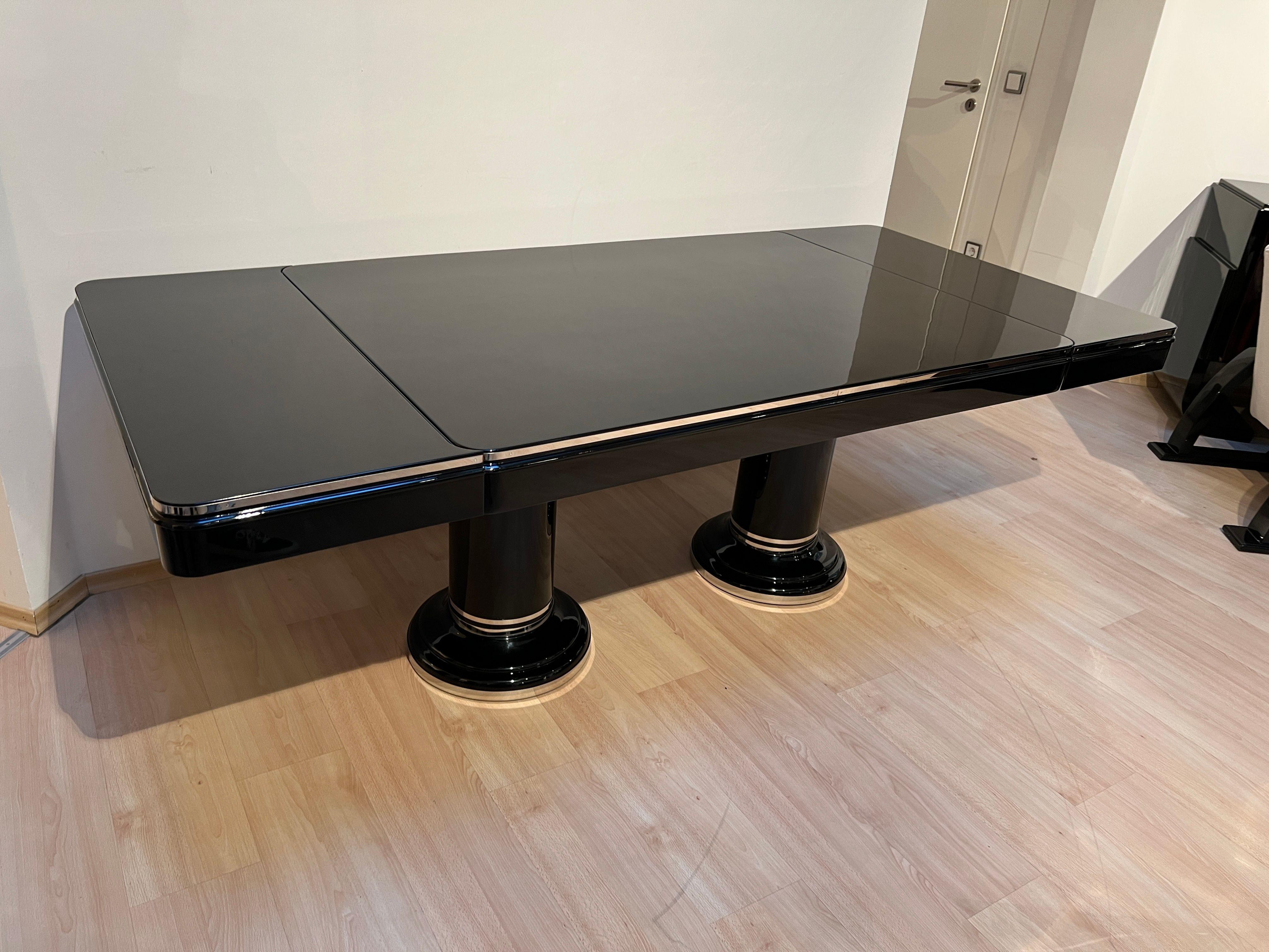 French Art Deco Expandable Table, Black Lacquer, Stainless Steel, France circa 1930