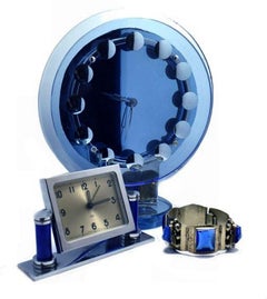 Äußerst seltene modernistische Art-Déco-Uhr aus blauem Glas und Spiegeln, um 1930