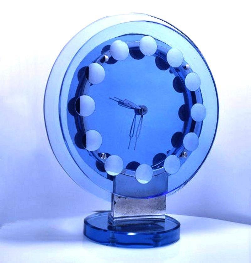 Art Deco Extremely Rare Modernist Blue Glass & Mirror Clock, c1930 For Sale 1
