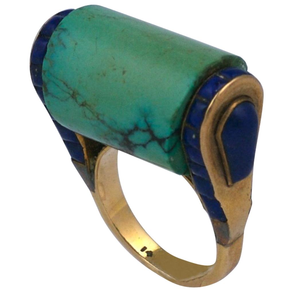 Art Deco Eygptian Revival Lapis and Turquoise Cocktail Ring