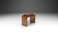 Art Deco Fabric Lined Wooden Stool, France ca 1940s