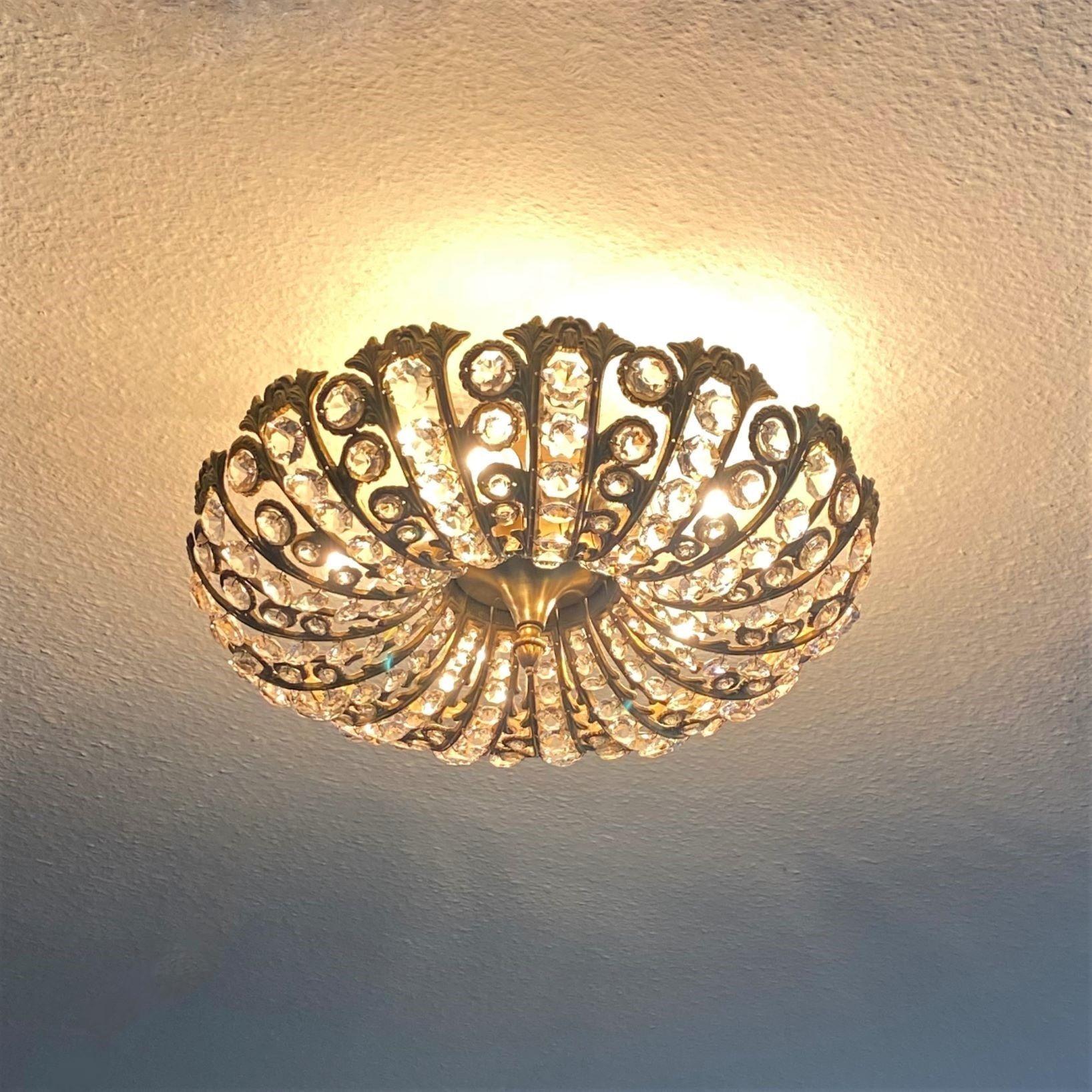 Large Art Deco Faceted Crystal Gilt Bronze 5-Light Flush Mount, Austria, 1950s For Sale 4