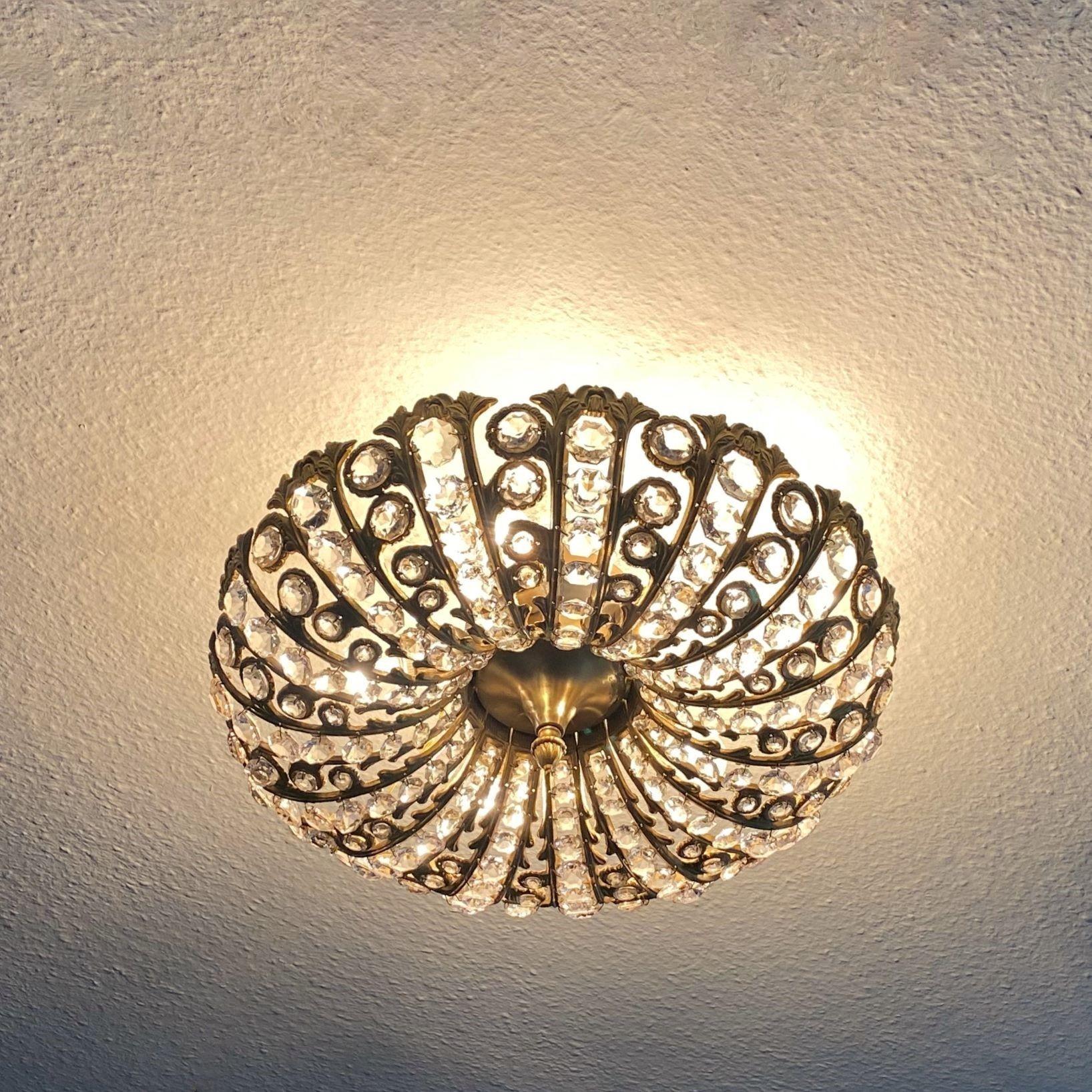 Large Art Deco Faceted Crystal Gilt Bronze 5-Light Flush Mount, Austria, 1950s For Sale 6