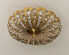 Large Art Deco Faceted Crystal Gilt Bronze 5-Light Flush Mount, Austria, 1950s