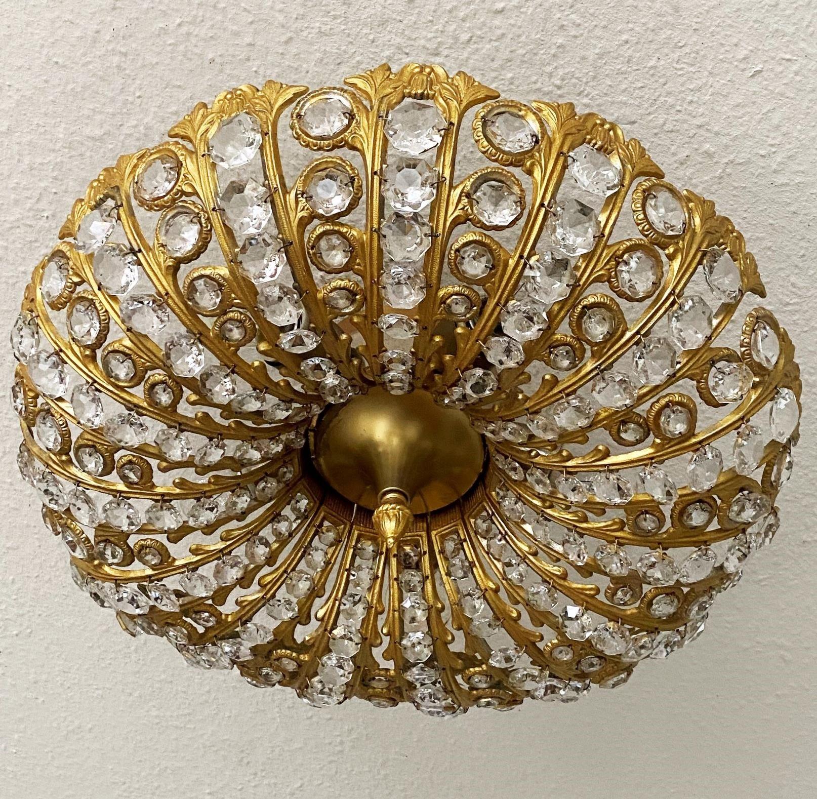 Cast Large Art Deco Faceted Crystal Gilt Bronze 5-Light Flush Mount, Austria, 1950s For Sale