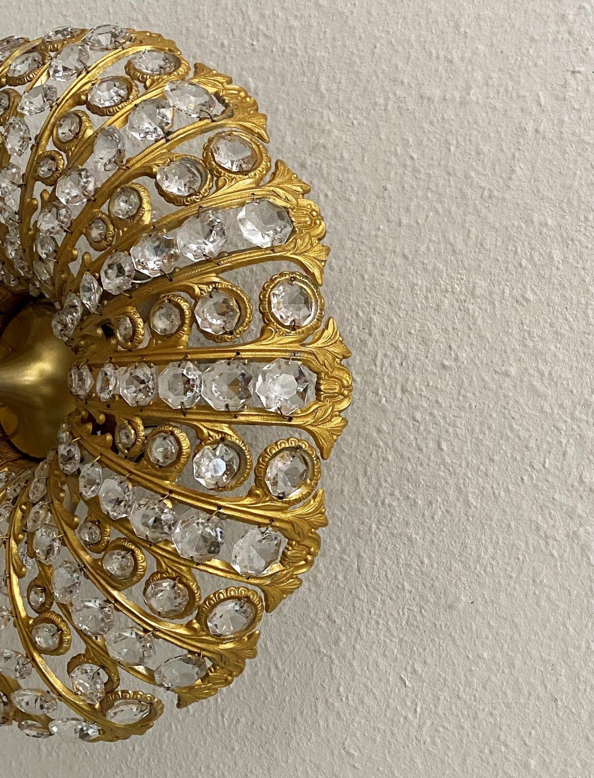 Large Art Deco Faceted Crystal Gilt Bronze 5-Light Flush Mount, Austria, 1950s For Sale 1