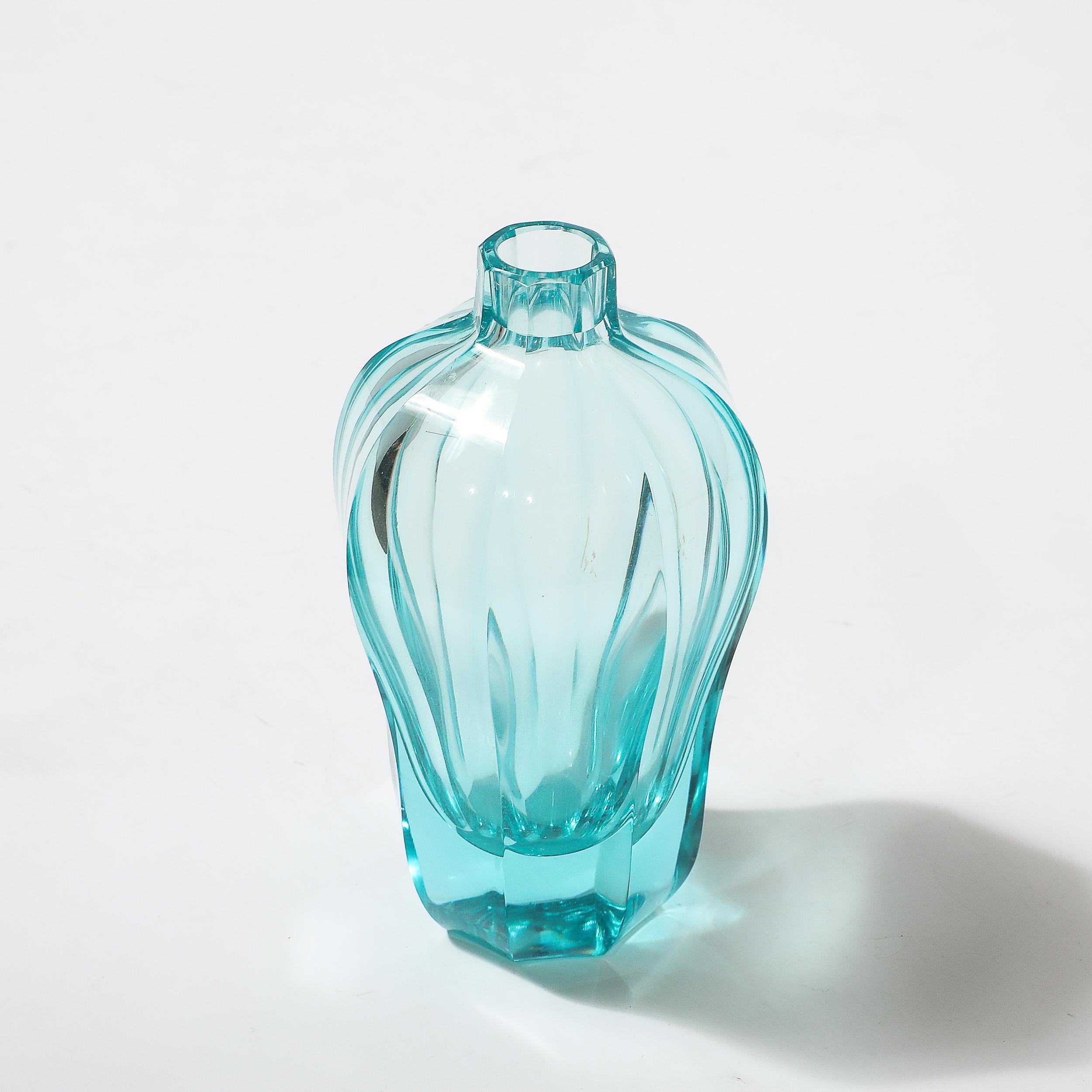 Art Deco Faceted Cut Crystal Vase in Aquamarine Hue signed Moser For Sale 5
