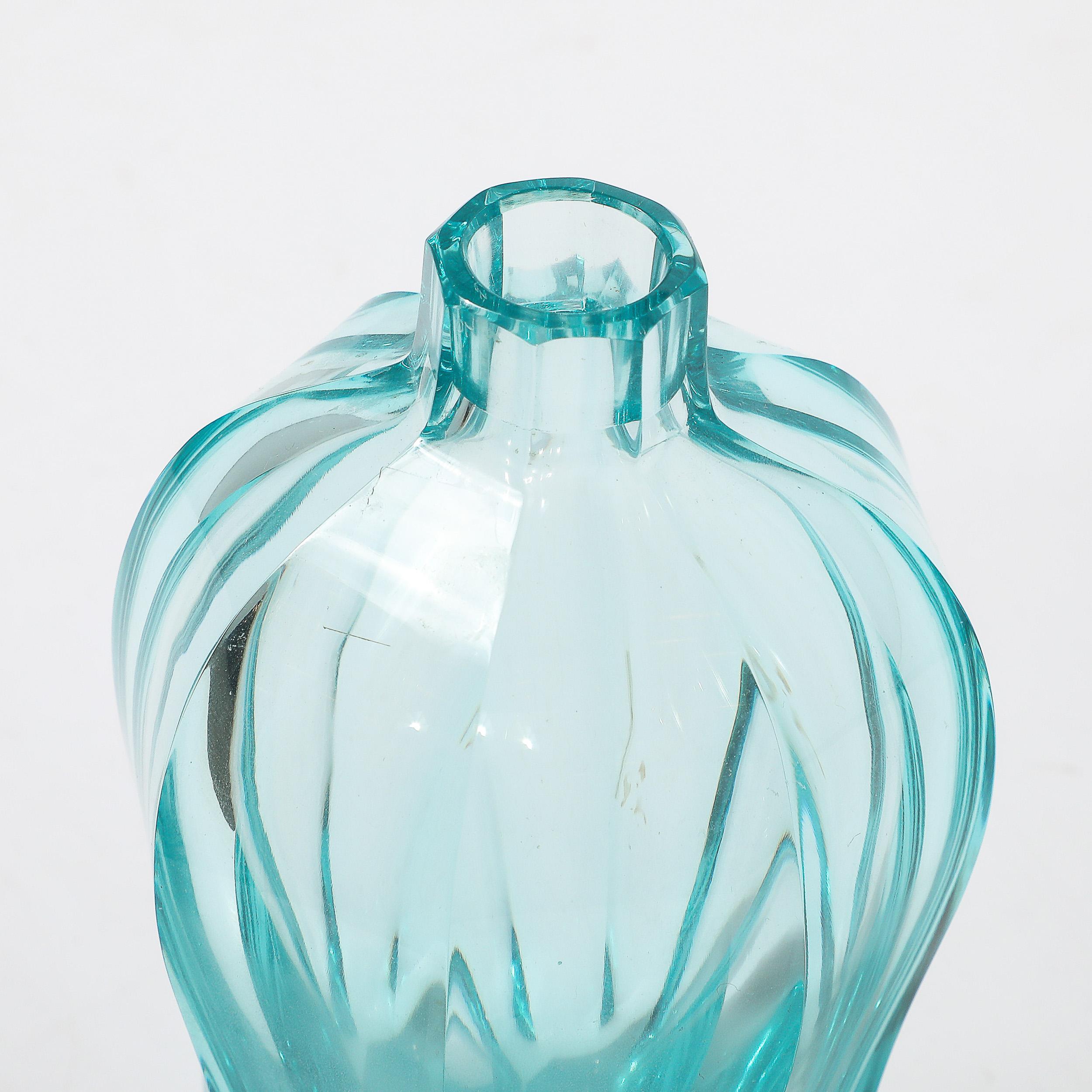 Art Deco Faceted Cut Crystal Vase in Aquamarine Hue signed Moser For Sale 6