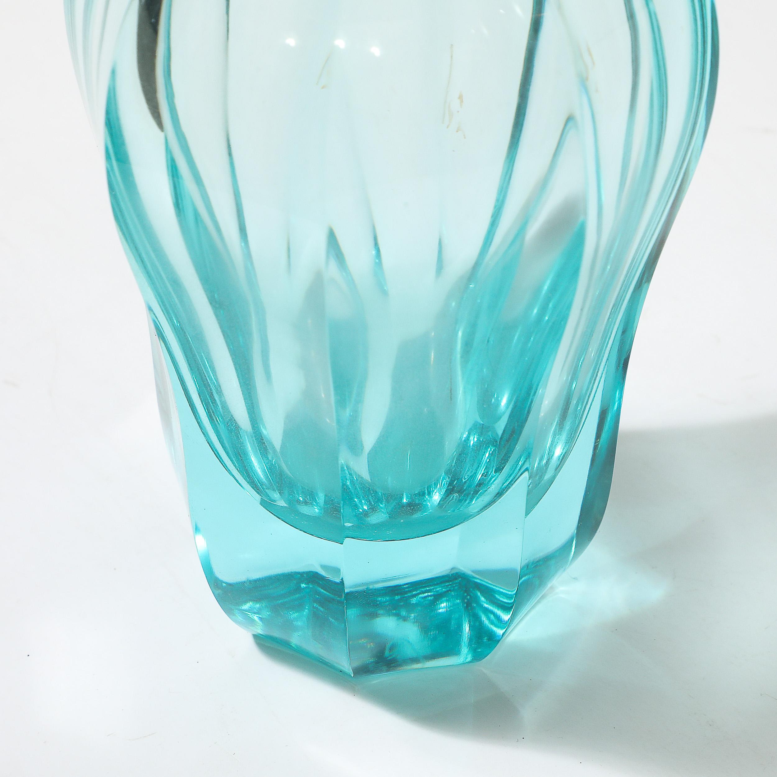 Art Deco Faceted Cut Crystal Vase in Aquamarine Hue signed Moser For Sale 7