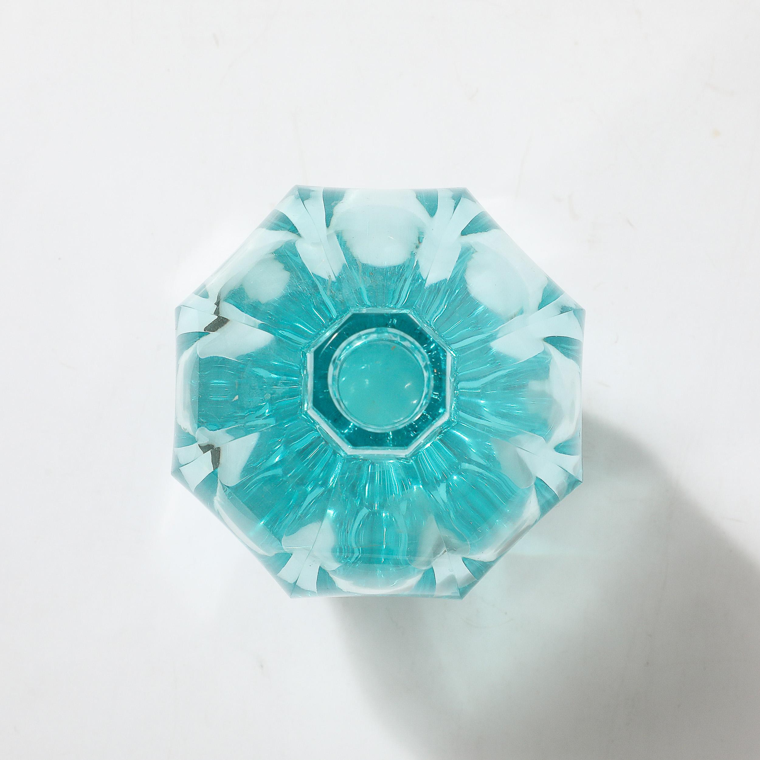 Art Deco Faceted Cut Crystal Vase in Aquamarine Hue signed Moser For Sale 8