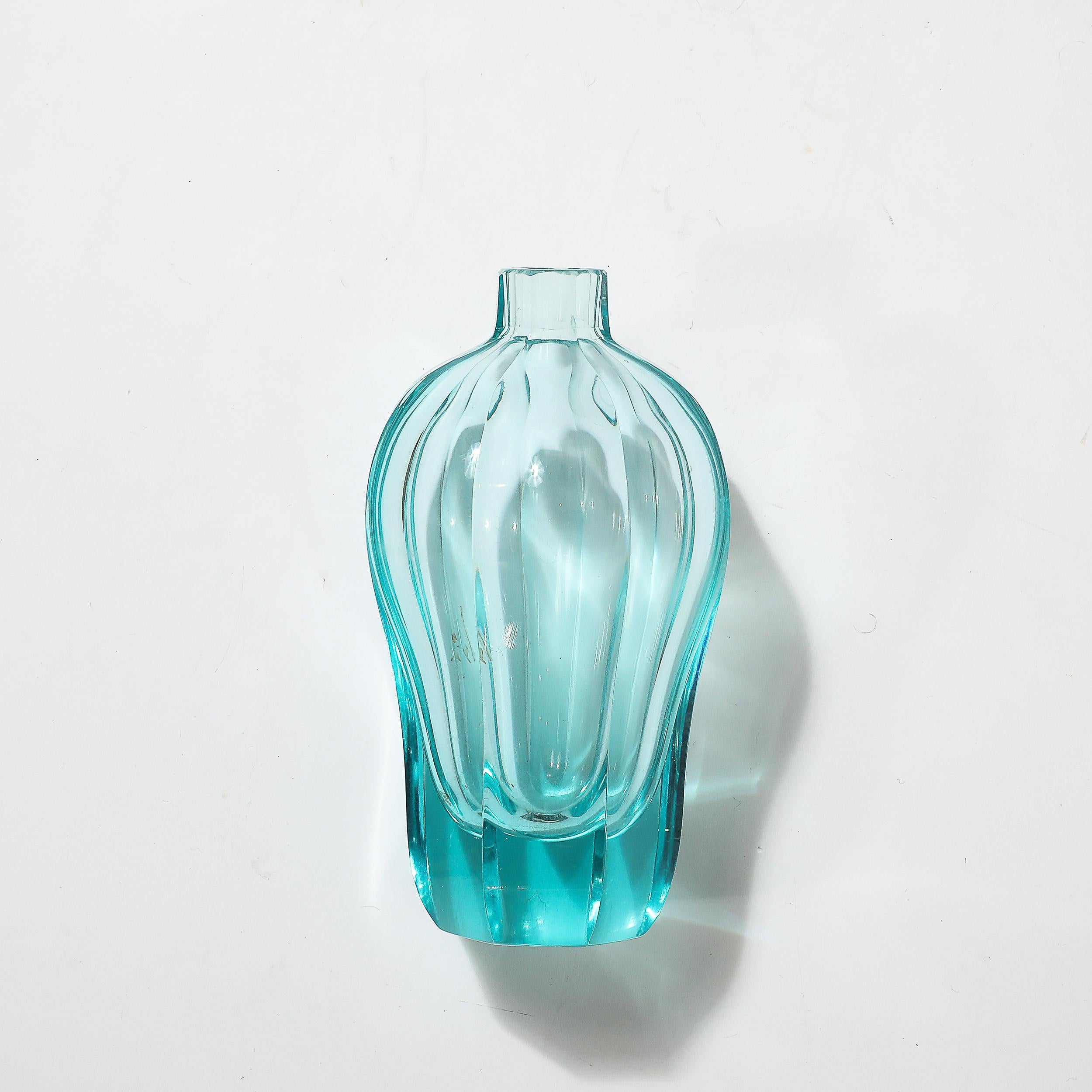 Art Deco Faceted Cut Crystal Vase in Aquamarine Hue signed Moser For Sale 10