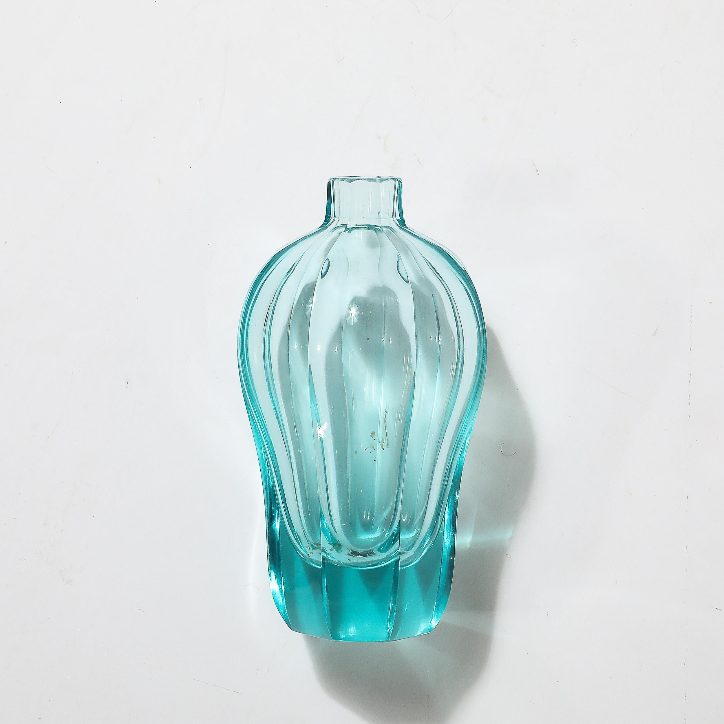 Art Deco Faceted Cut Crystal Vase in Aquamarine Hue signed Moser For Sale 11