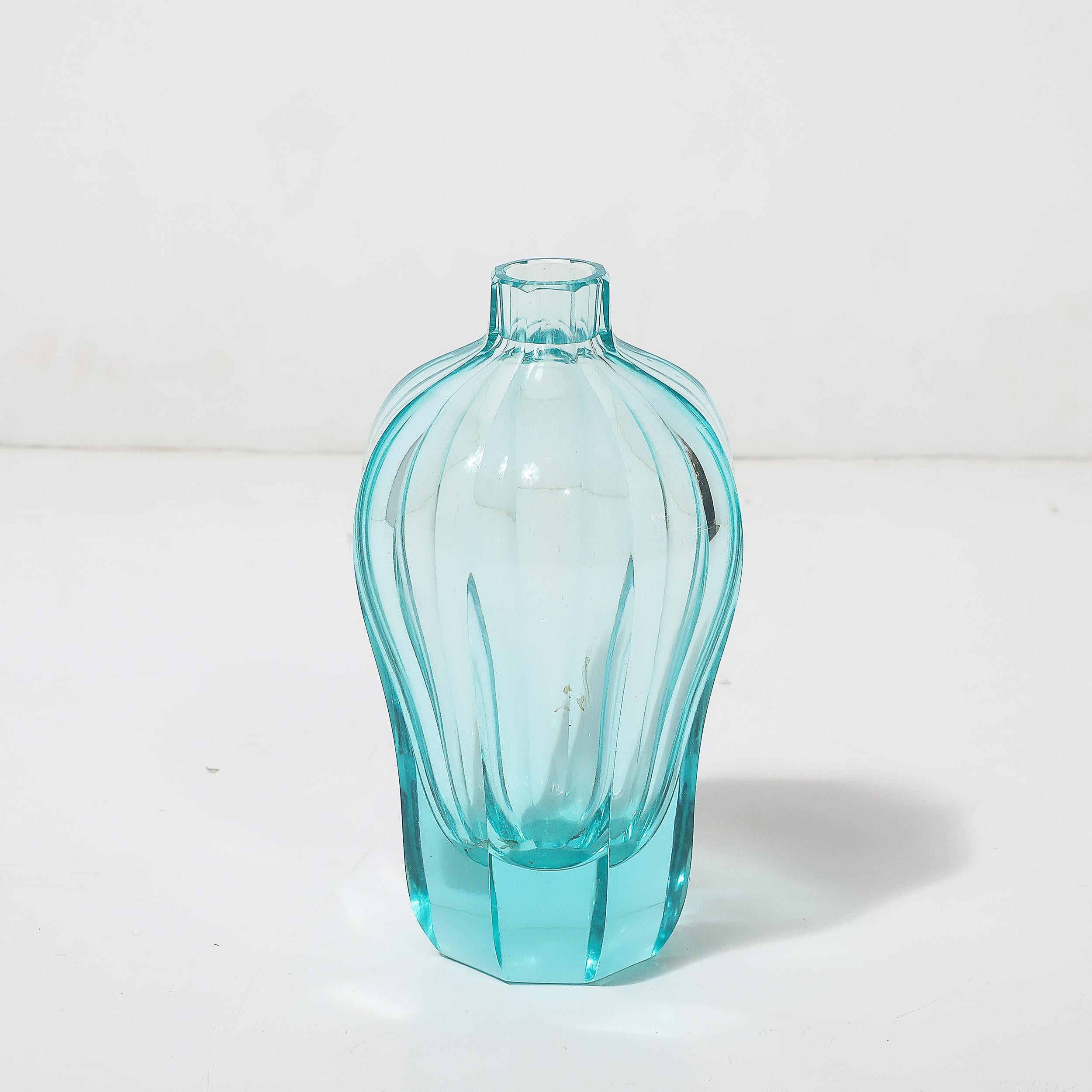 Czech Art Deco Faceted Cut Crystal Vase in Aquamarine Hue signed Moser For Sale