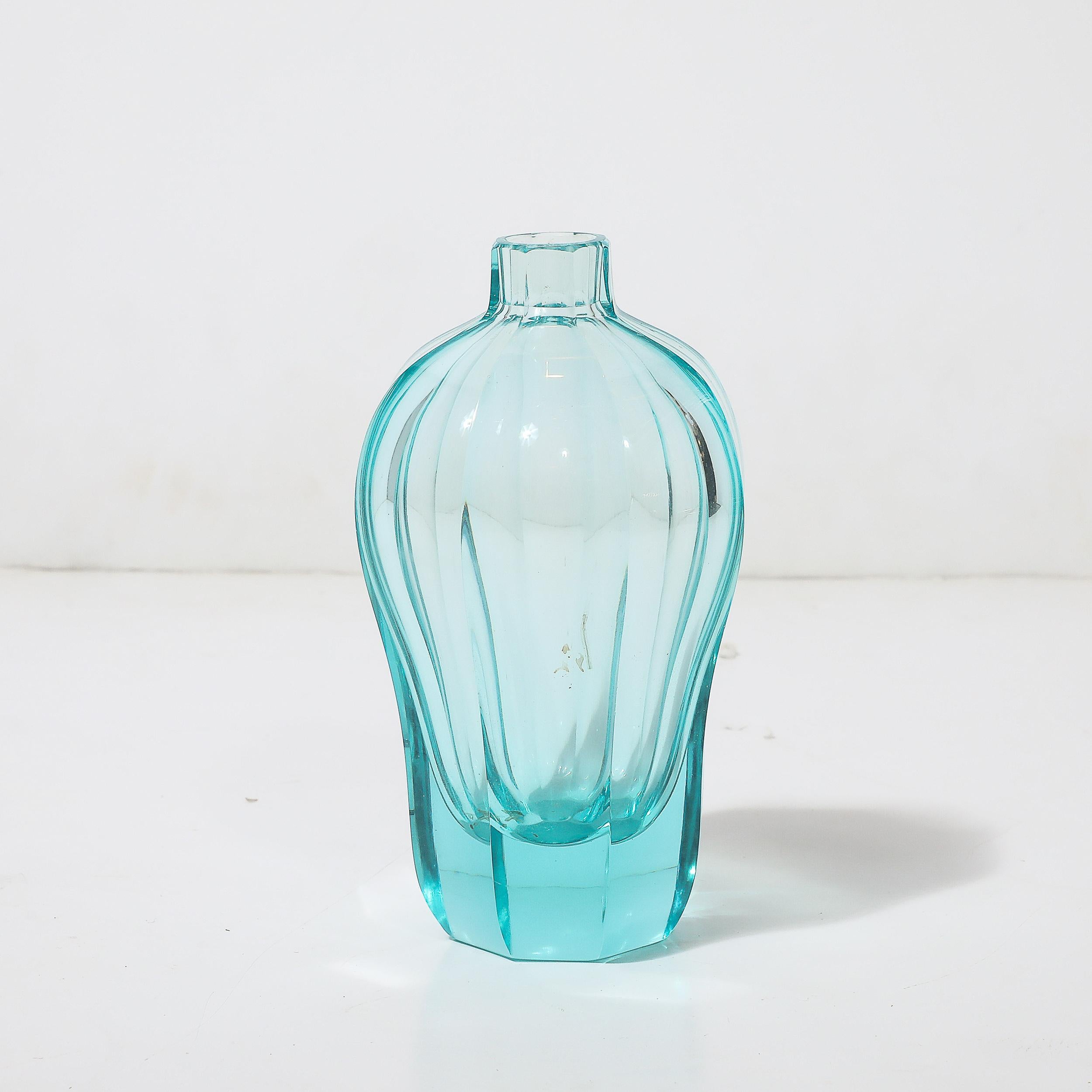 Art Deco Faceted Cut Crystal Vase in Aquamarine Hue signed Moser In Excellent Condition For Sale In New York, NY