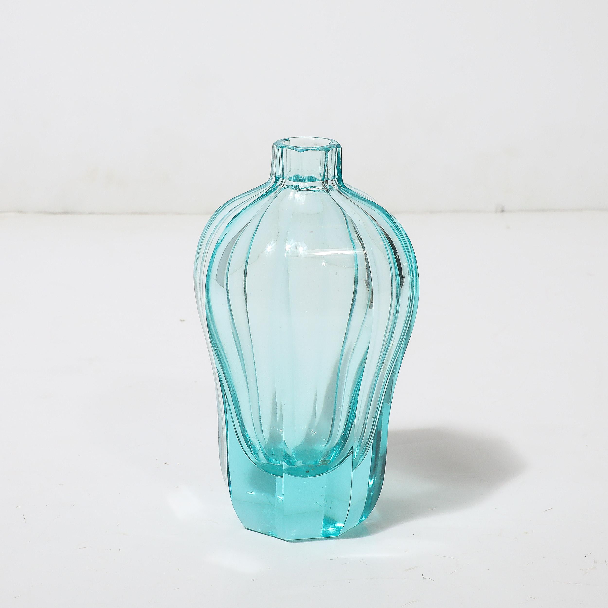 Mid-20th Century Art Deco Faceted Cut Crystal Vase in Aquamarine Hue signed Moser For Sale