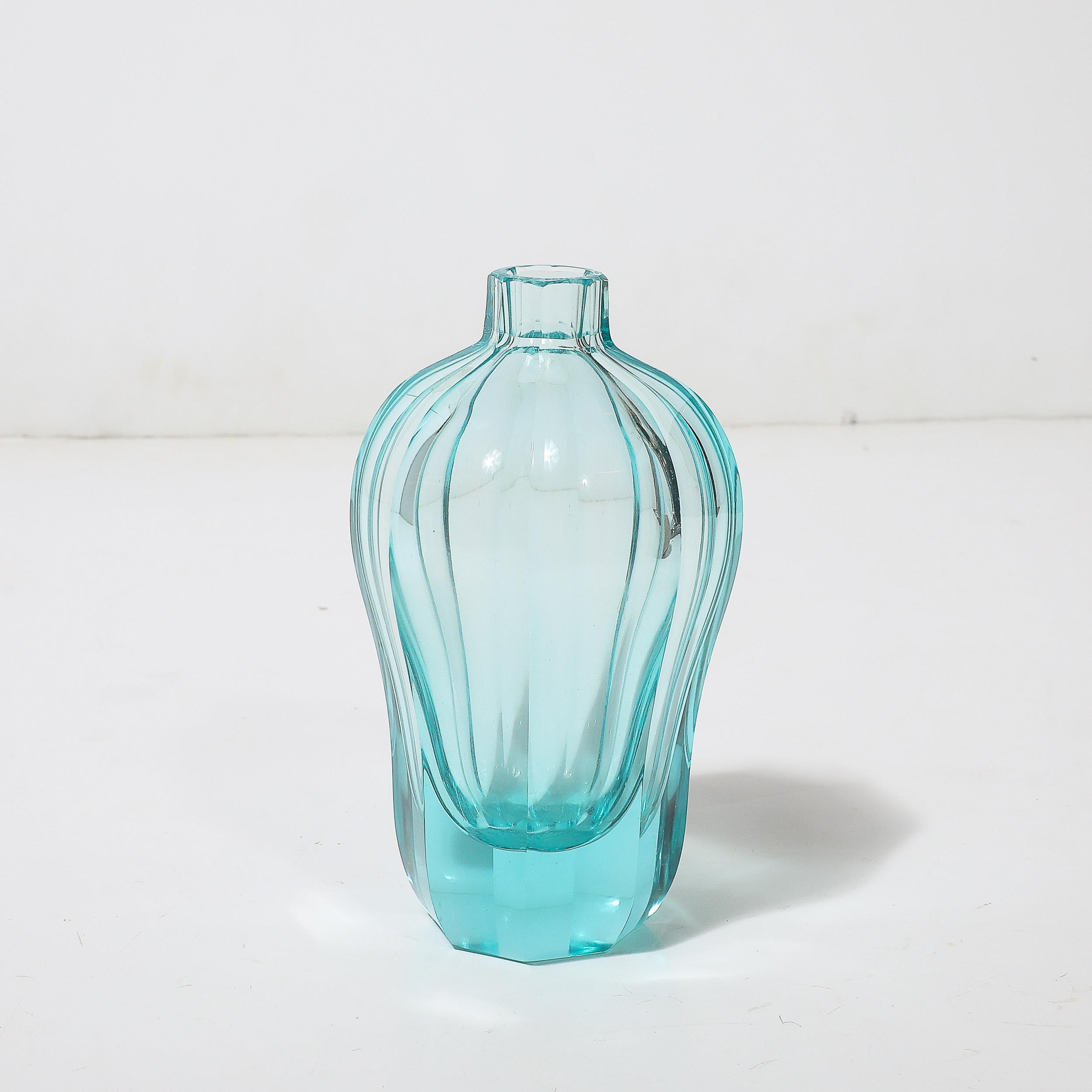 Art Deco Faceted Cut Crystal Vase in Aquamarine Hue signed Moser For Sale 1