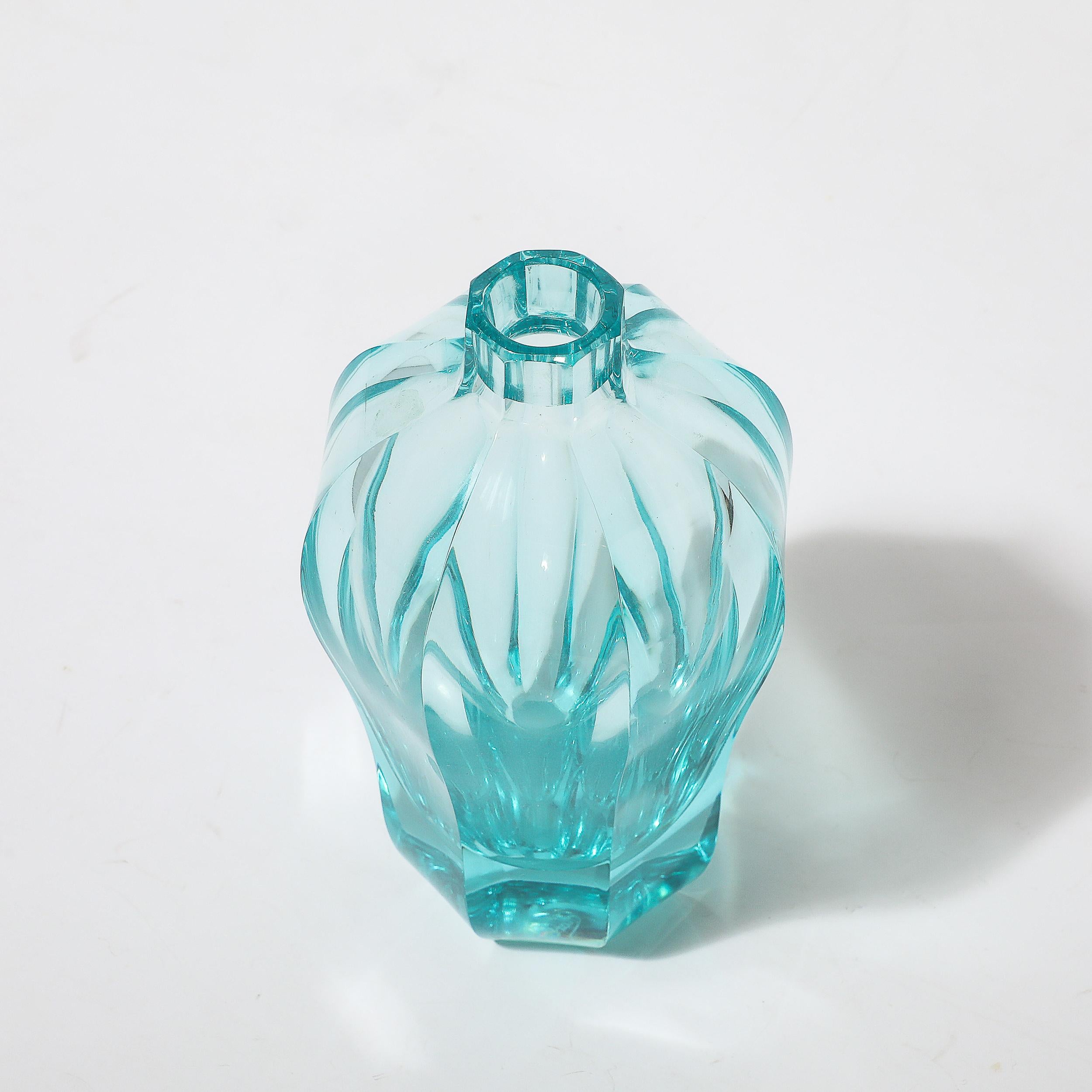 Art Deco Faceted Cut Crystal Vase in Aquamarine Hue signed Moser For Sale 3