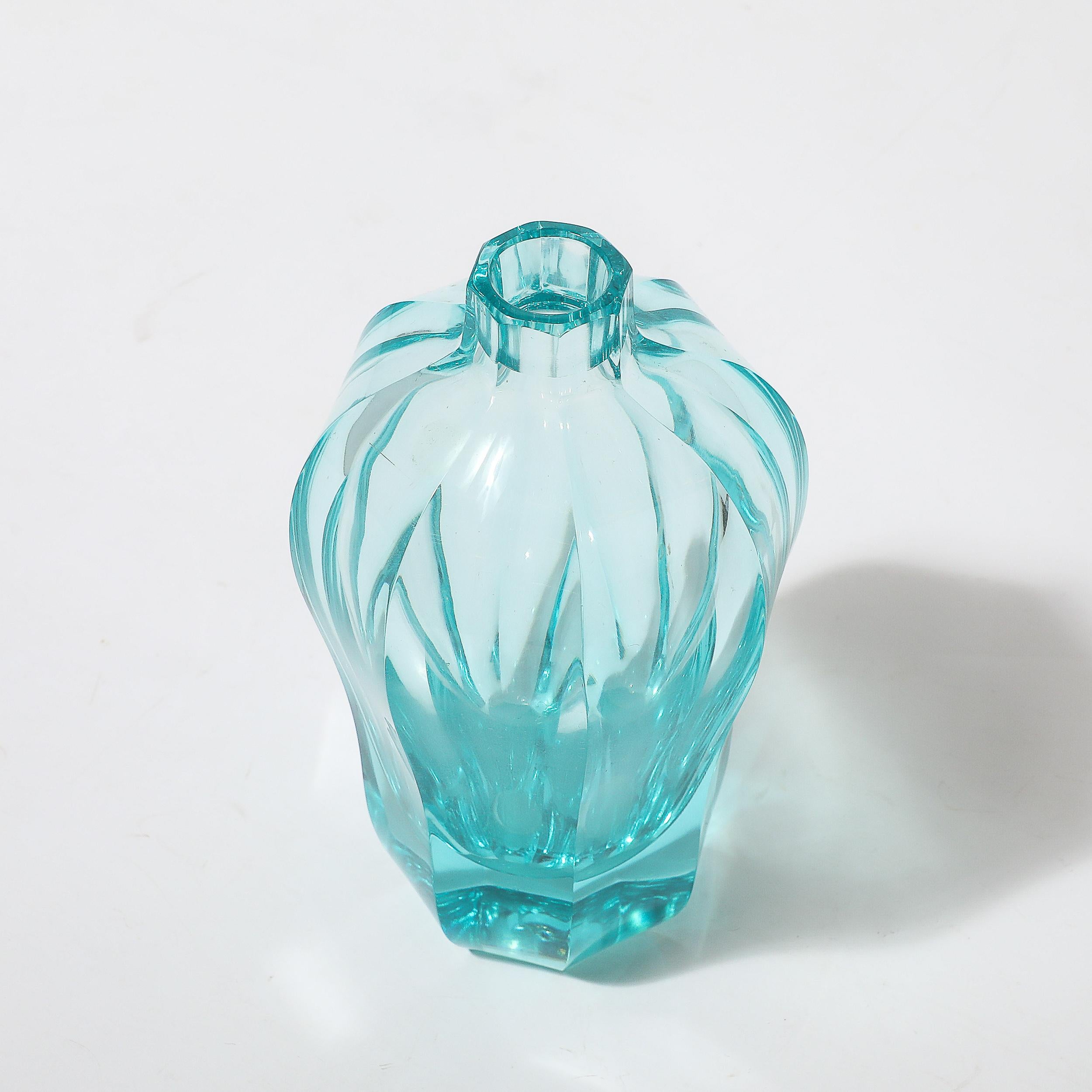 Art Deco Faceted Cut Crystal Vase in Aquamarine Hue signed Moser For Sale 4