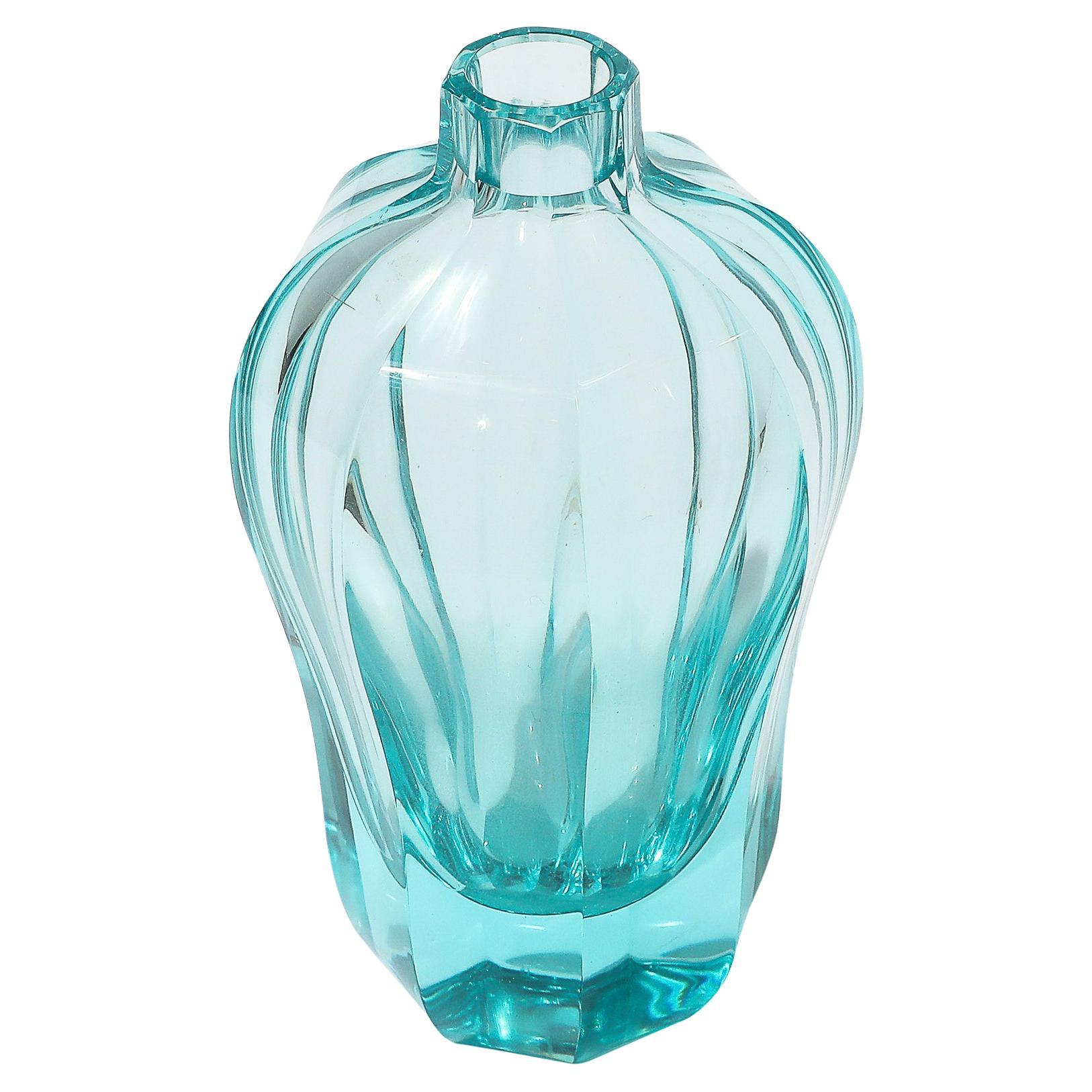 Art Deco Faceted Cut Crystal Vase in Aquamarine Hue signed Moser For Sale
