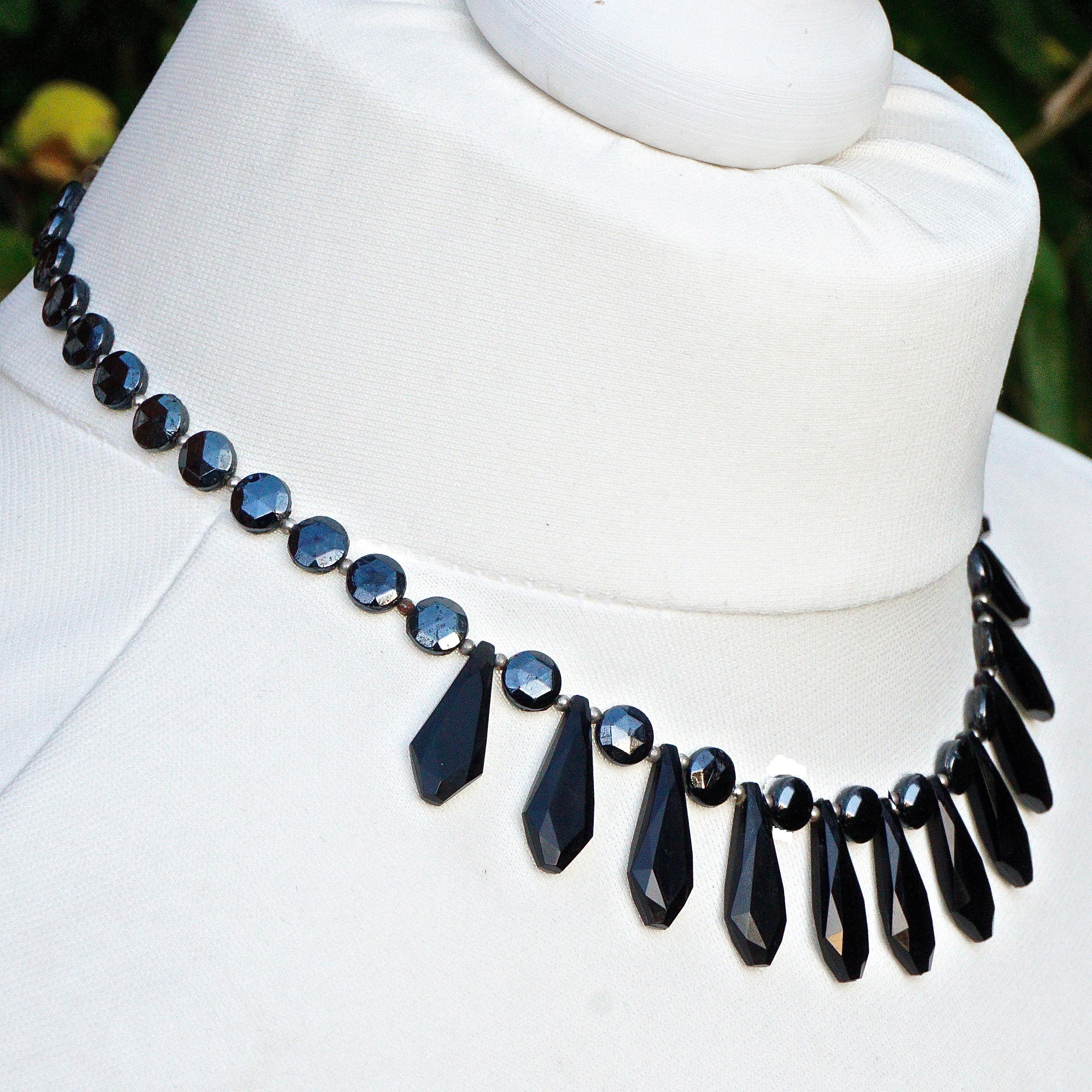 Art Deco Faceted French Jet Black and Dark Grey Glass Drop Fringe Necklace For Sale 4