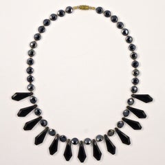 Art Deco Faceted French Jet Black and Dark Grey Glass Drop Fringe Necklace