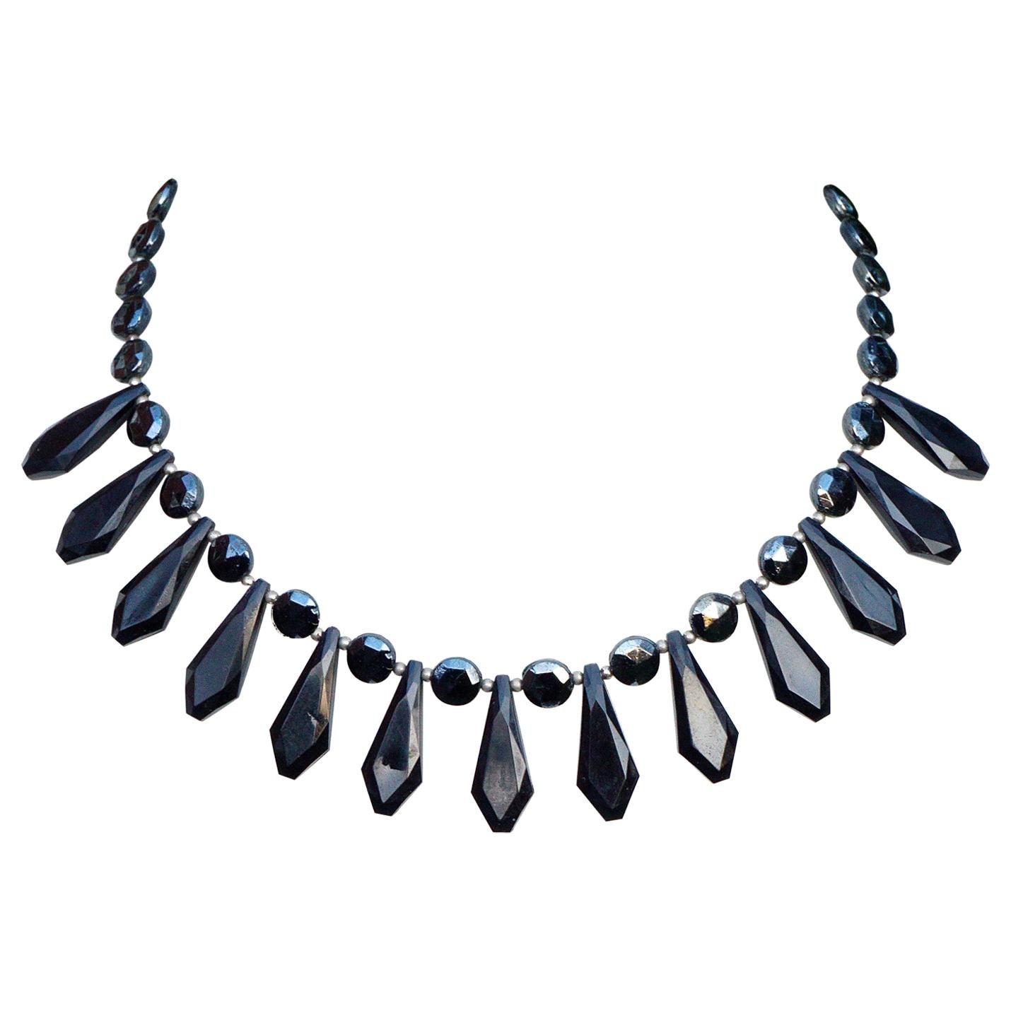 Art Deco Faceted French Jet Black and Dark Grey Glass Drop Fringe Necklace For Sale