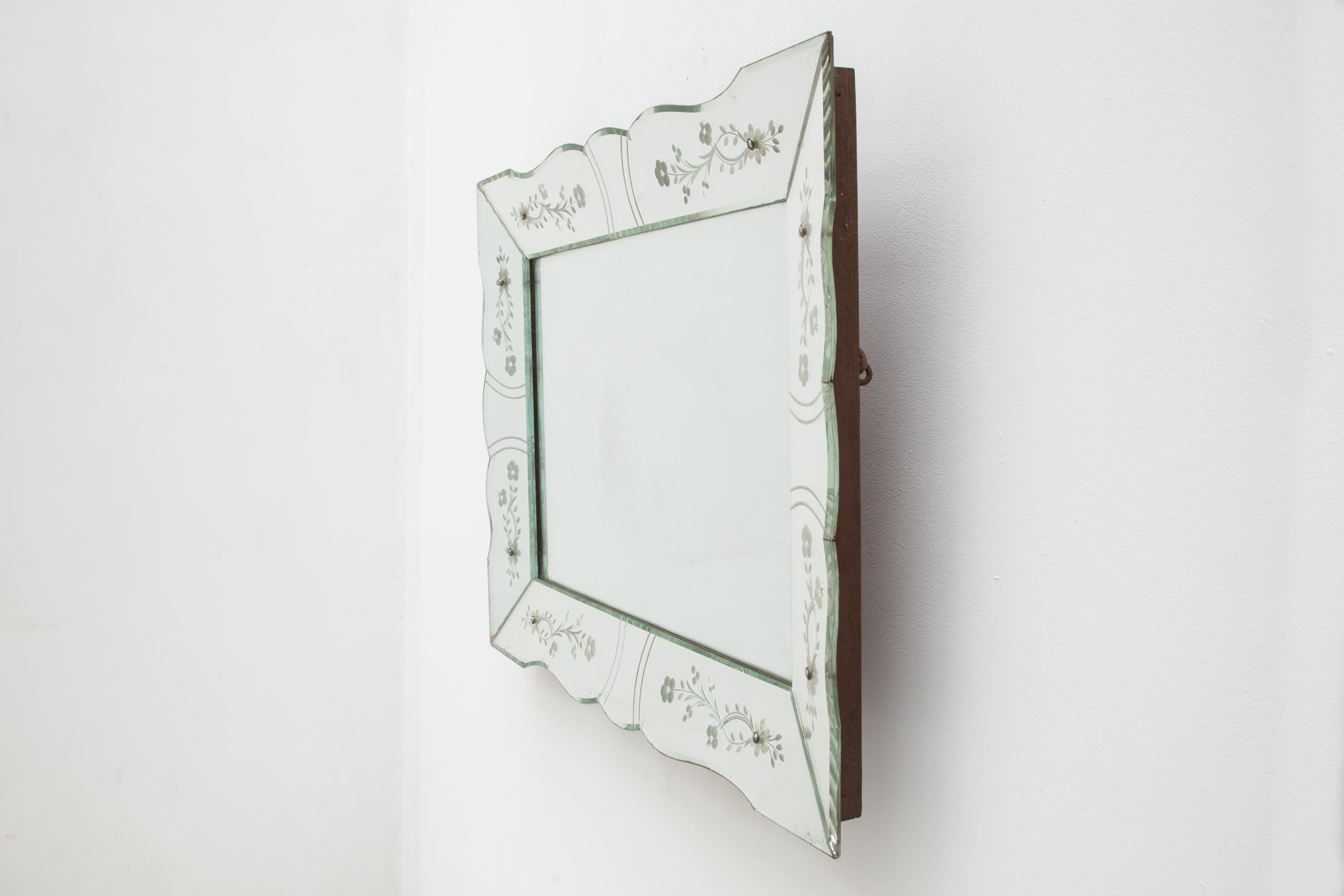 French Art Deco Faceted Mirror with Etched Floral Motif