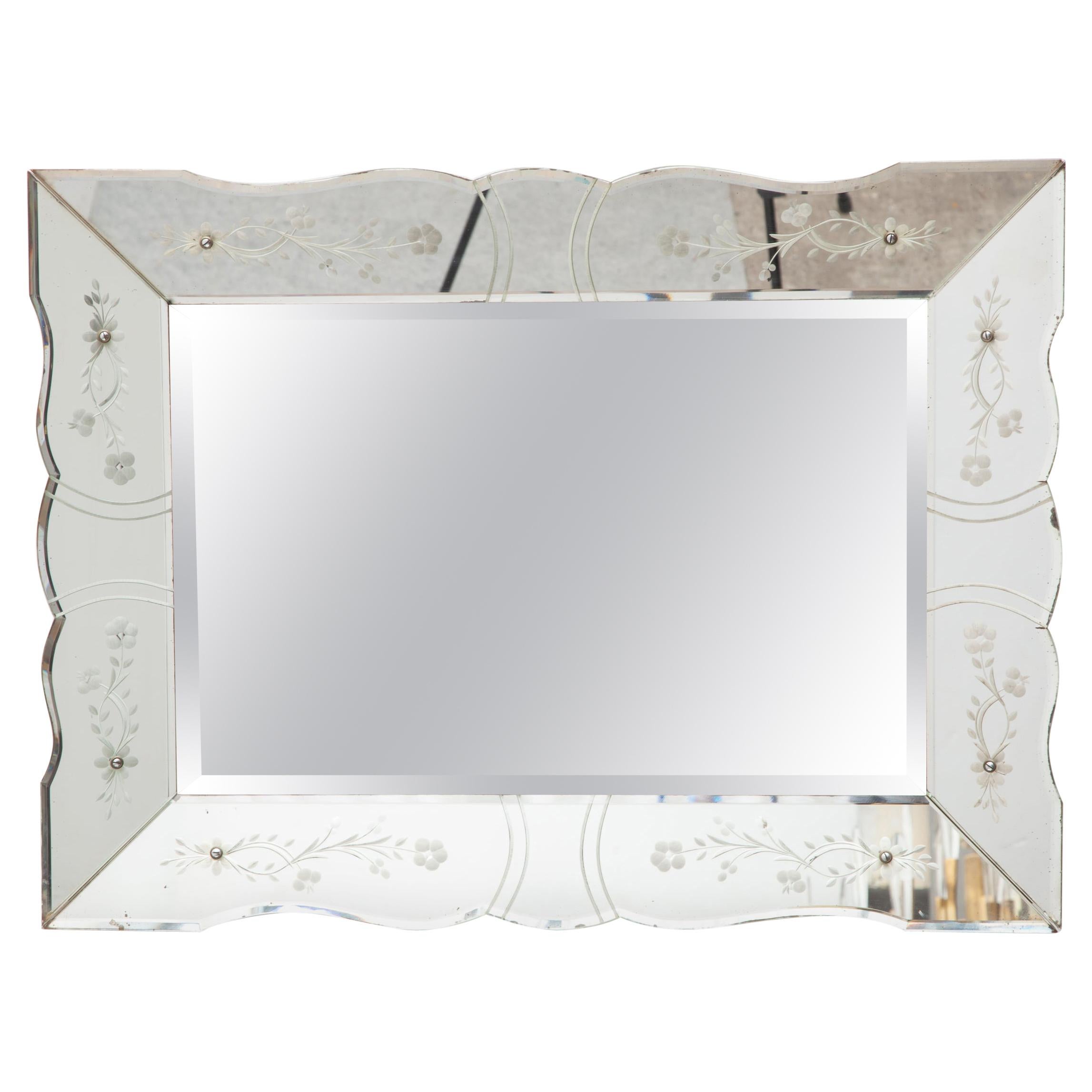 Art Deco Faceted Mirror with Etched Floral Motif
