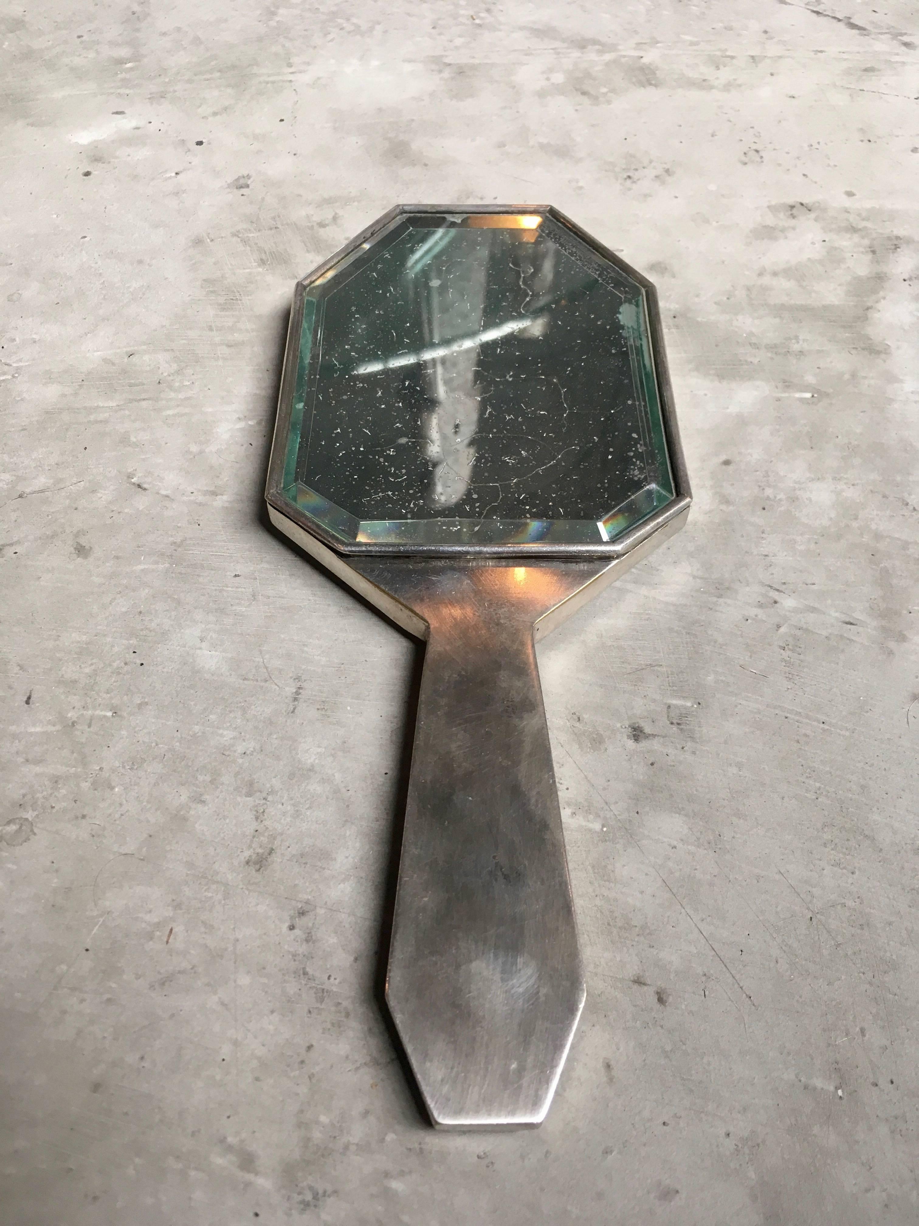 French Art Deco Faceted Nickel Hand Mirror