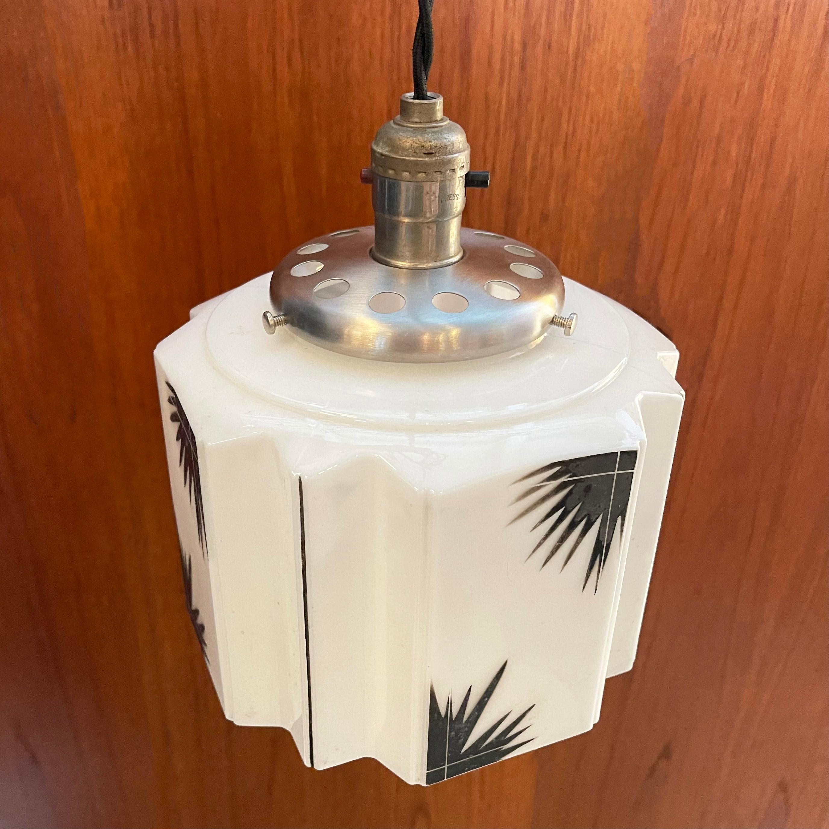 American Art Deco Faceted Patterned Milk Glass Pendant Light For Sale