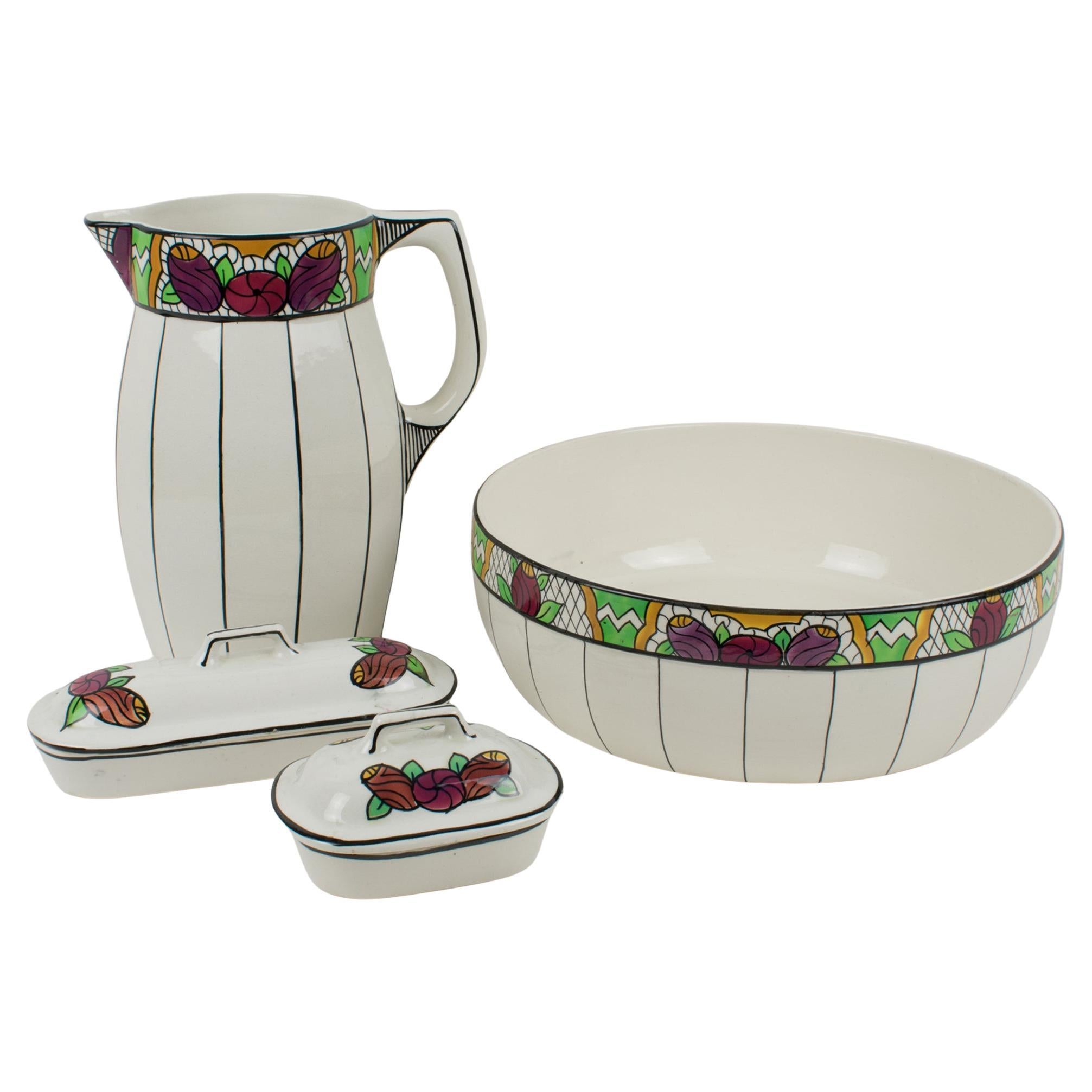 Art Deco Faience Ceramic Dresser Bowl, Pitcher and Boxes by Auguste Mouzin For Sale