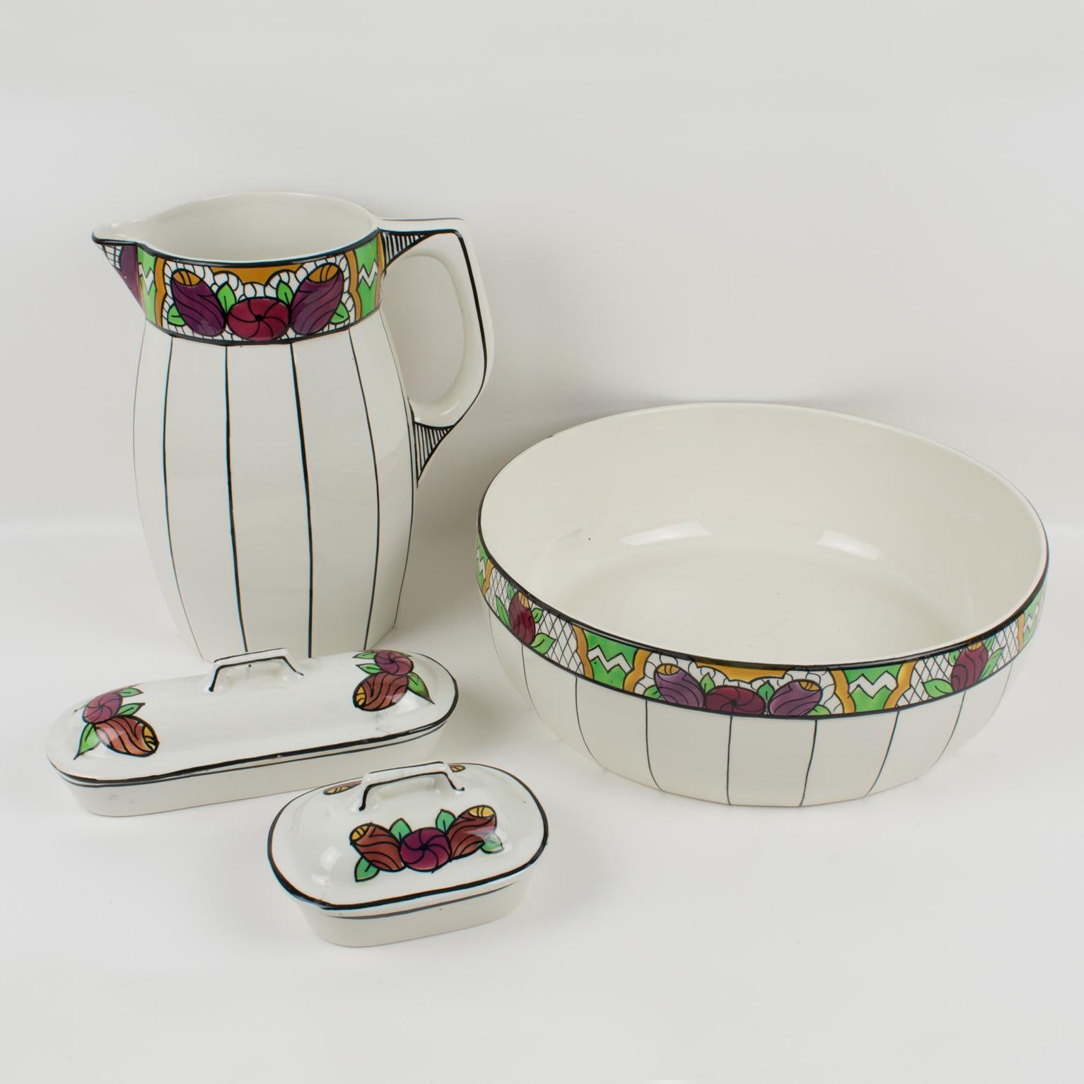 Art déco Bol, pichet et boîtes de commode en céramique faïence Art Déco d'Auguste Mouzin en vente