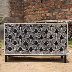 Art Deco Fan Bone Inlay Sideboard, Distressed White Finish by House of Jaipur