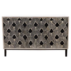 Art Deco Fan Bone Inlay Sideboard, Distressed White Finish by House of Jaipur