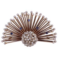 Art Deco Fan Brooch / Pin, Sapphires, Diamonds and Pearls, 14 Karat Yellow